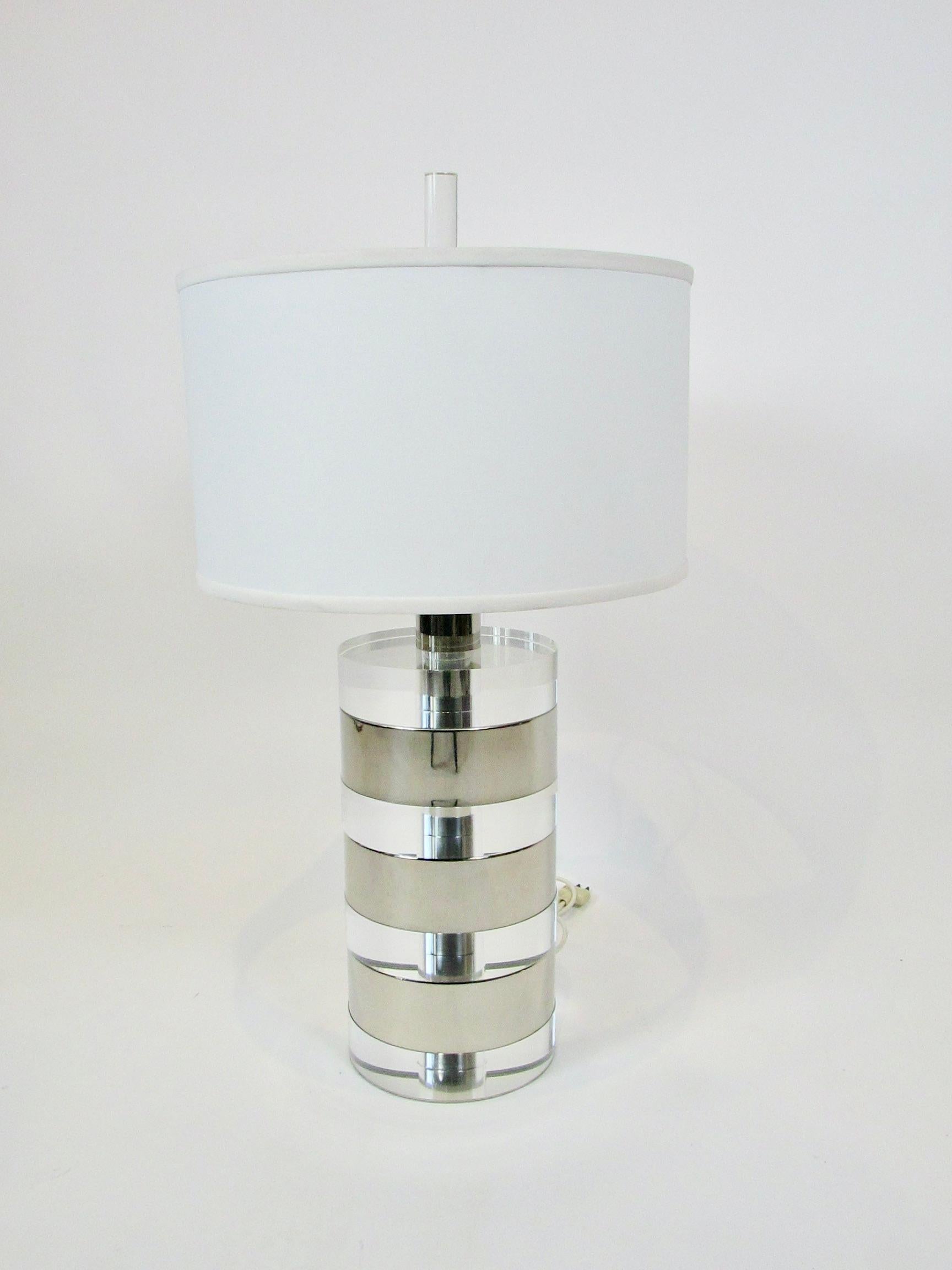 L. Bonan Italy Karl Springer era stacked lucite and nickel cylinder table lamp For Sale 4