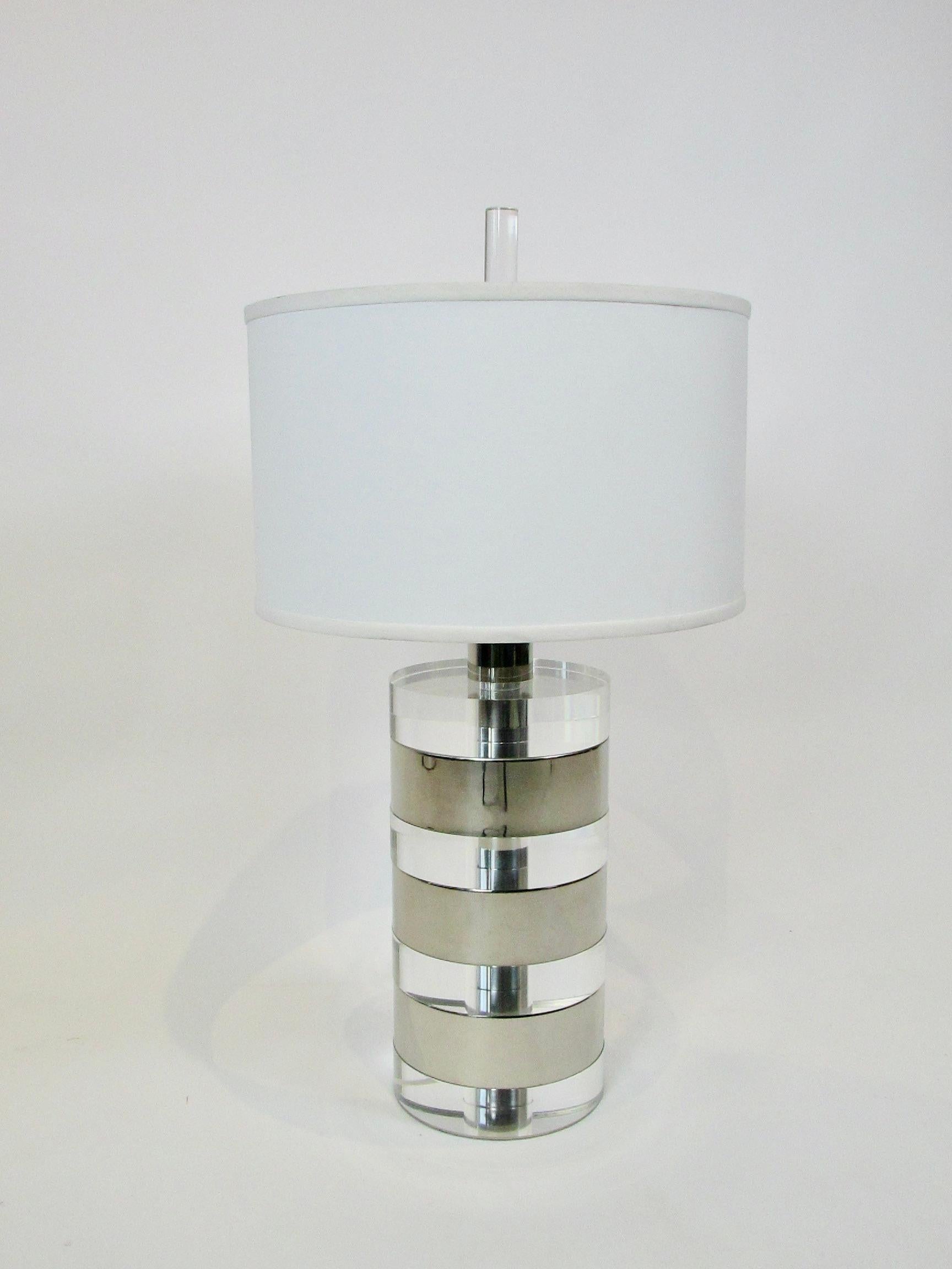 L. Bonan Italy Karl Springer era stacked lucite and nickel cylinder table lamp For Sale 5
