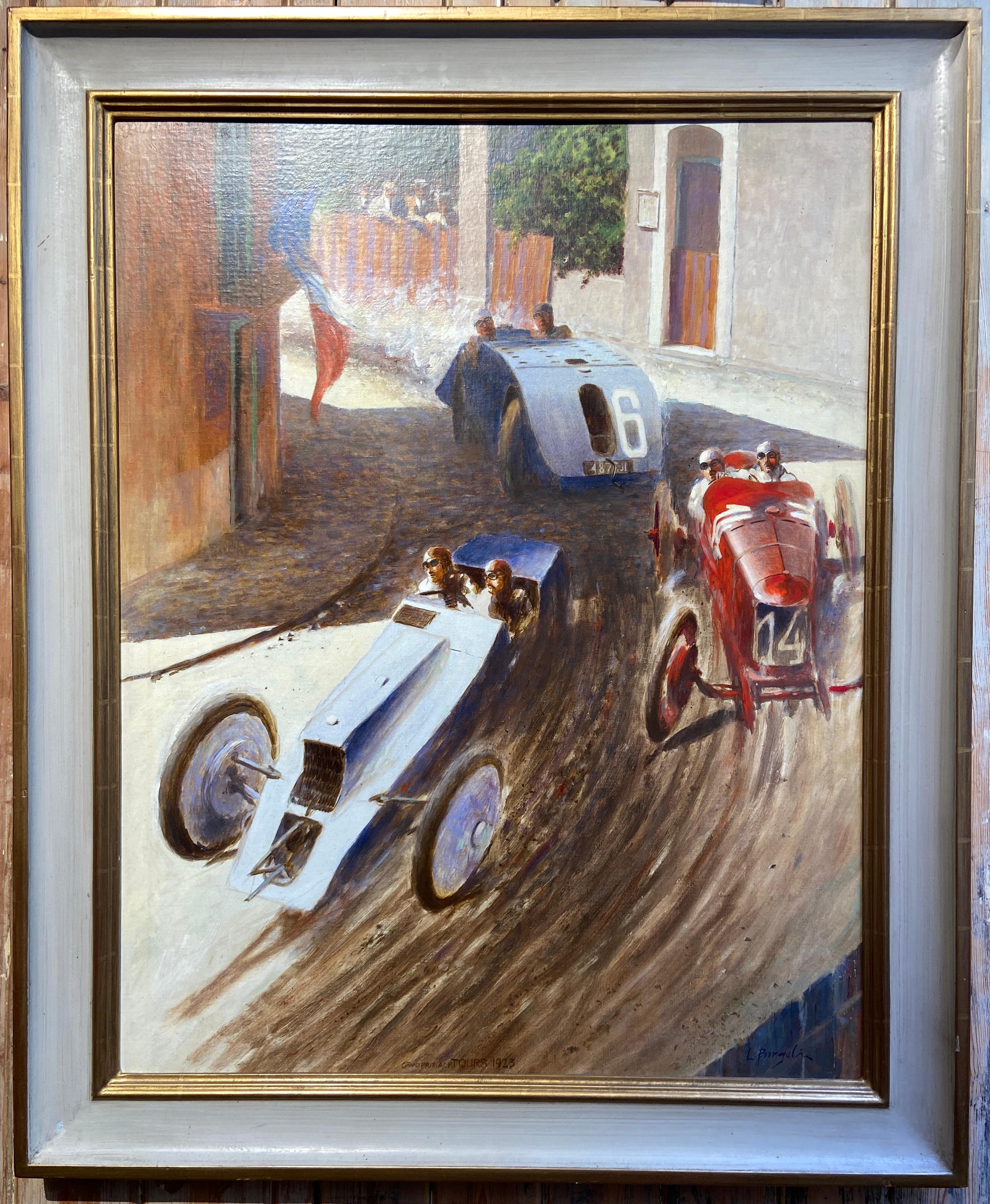 The Grand Prix Tours 1923, French Racing 20th Century Painting - Gray Landscape Painting by L. Borgelin