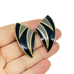 L. BOTT signed vintage gold tone modernist enamel designer pierced earrings