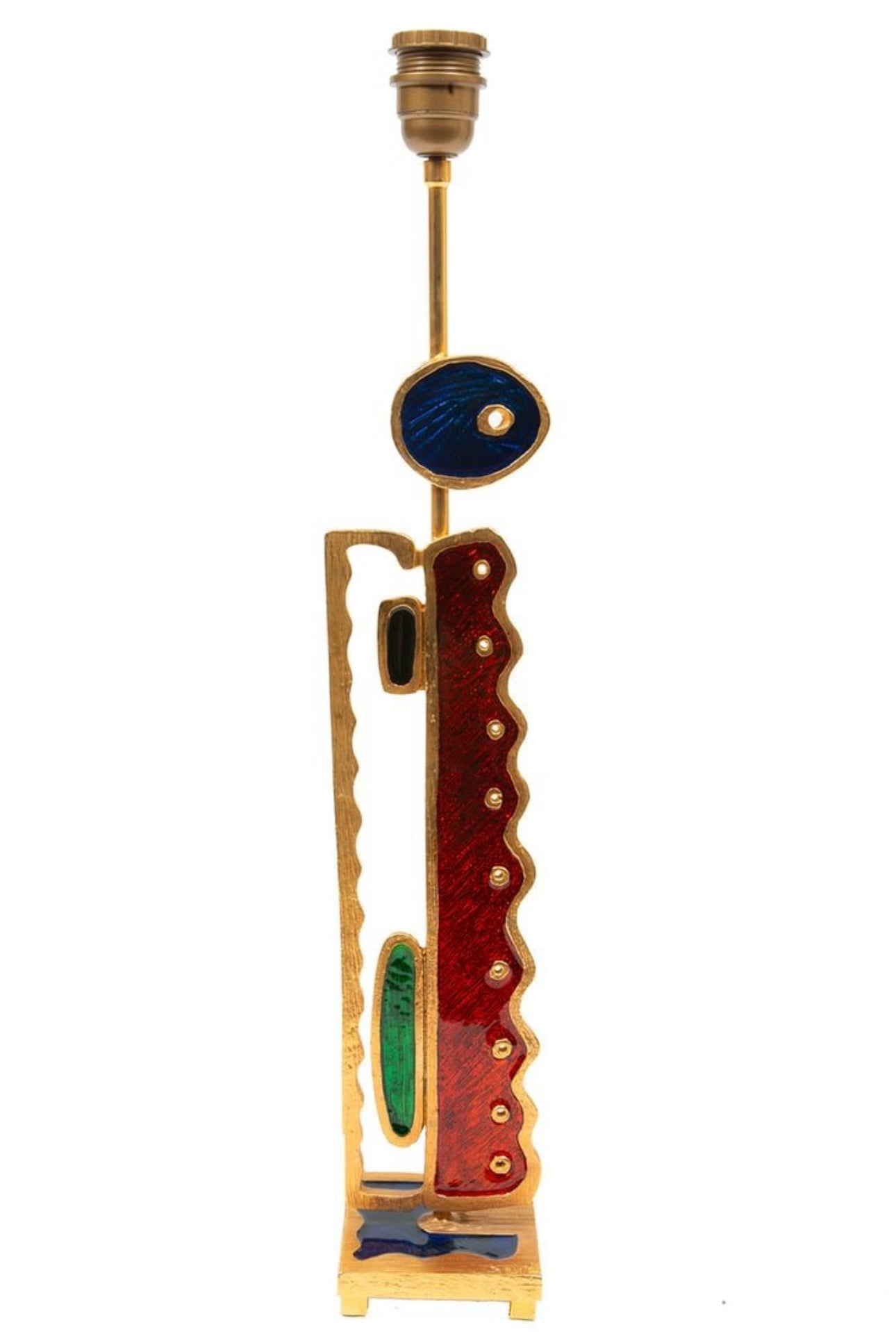 A stunning enamel and gilt metal lamp by Boye for Fondica of France. Signed and dated 2004. The enamel work is quite beautiful and vibrant. The lamp looks as if its leaning a bit from the rear but it is intentional as it appears straight from the