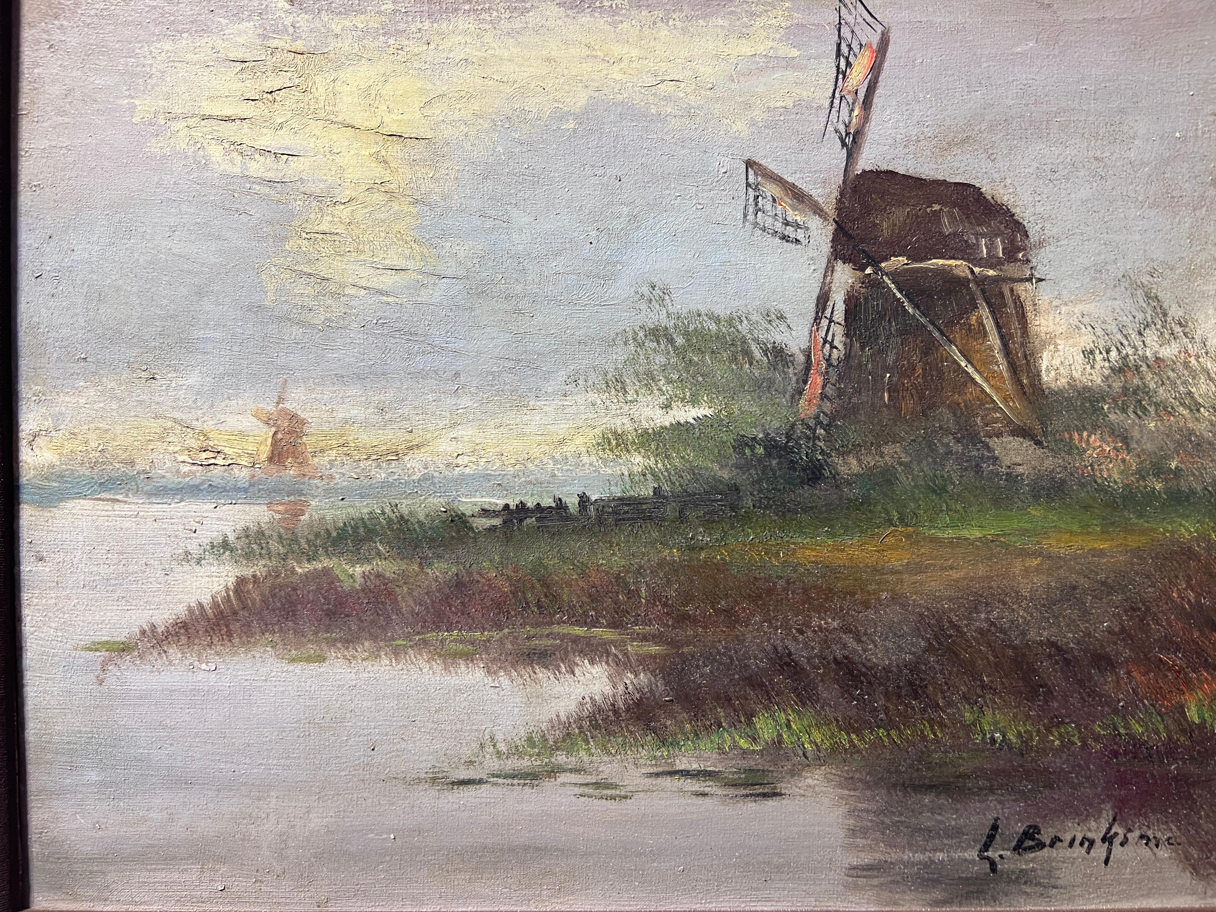 L. Brinksme Antique oil painting on canvas Windmill, Rural Landscape, Framed For Sale 2
