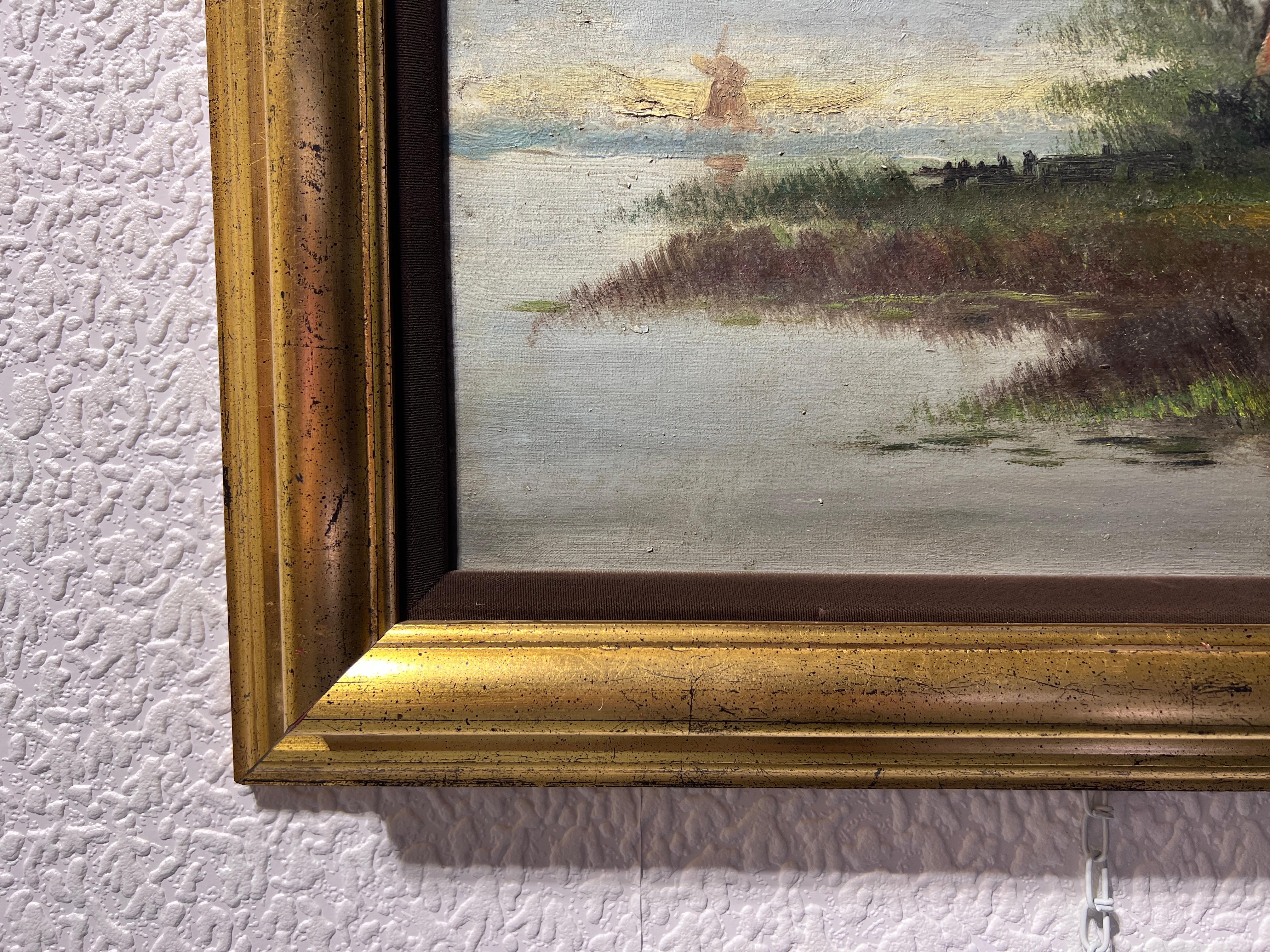 L. Brinksme Antique oil painting on canvas Windmill, Rural Landscape, Framed For Sale 3