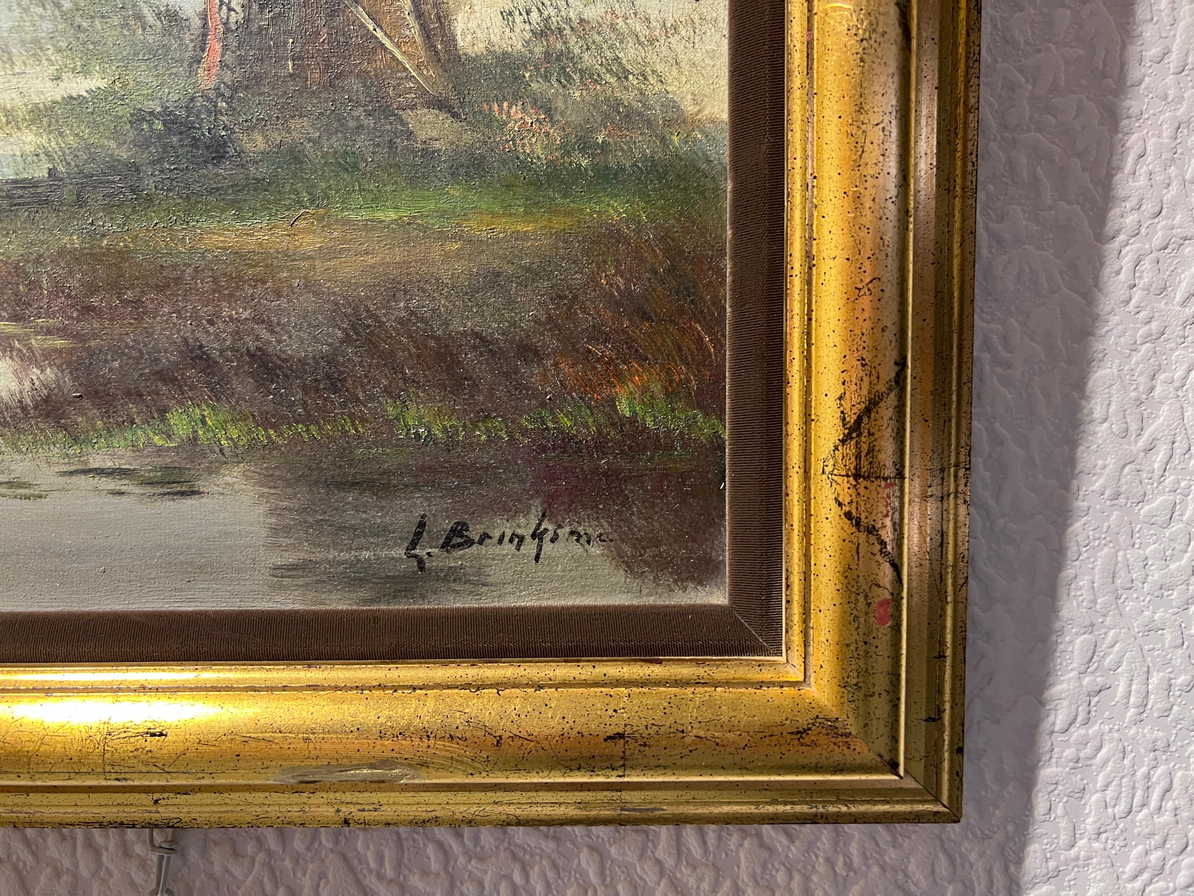 L. Brinksme Antique oil painting on canvas Windmill, Rural Landscape, Framed For Sale 4