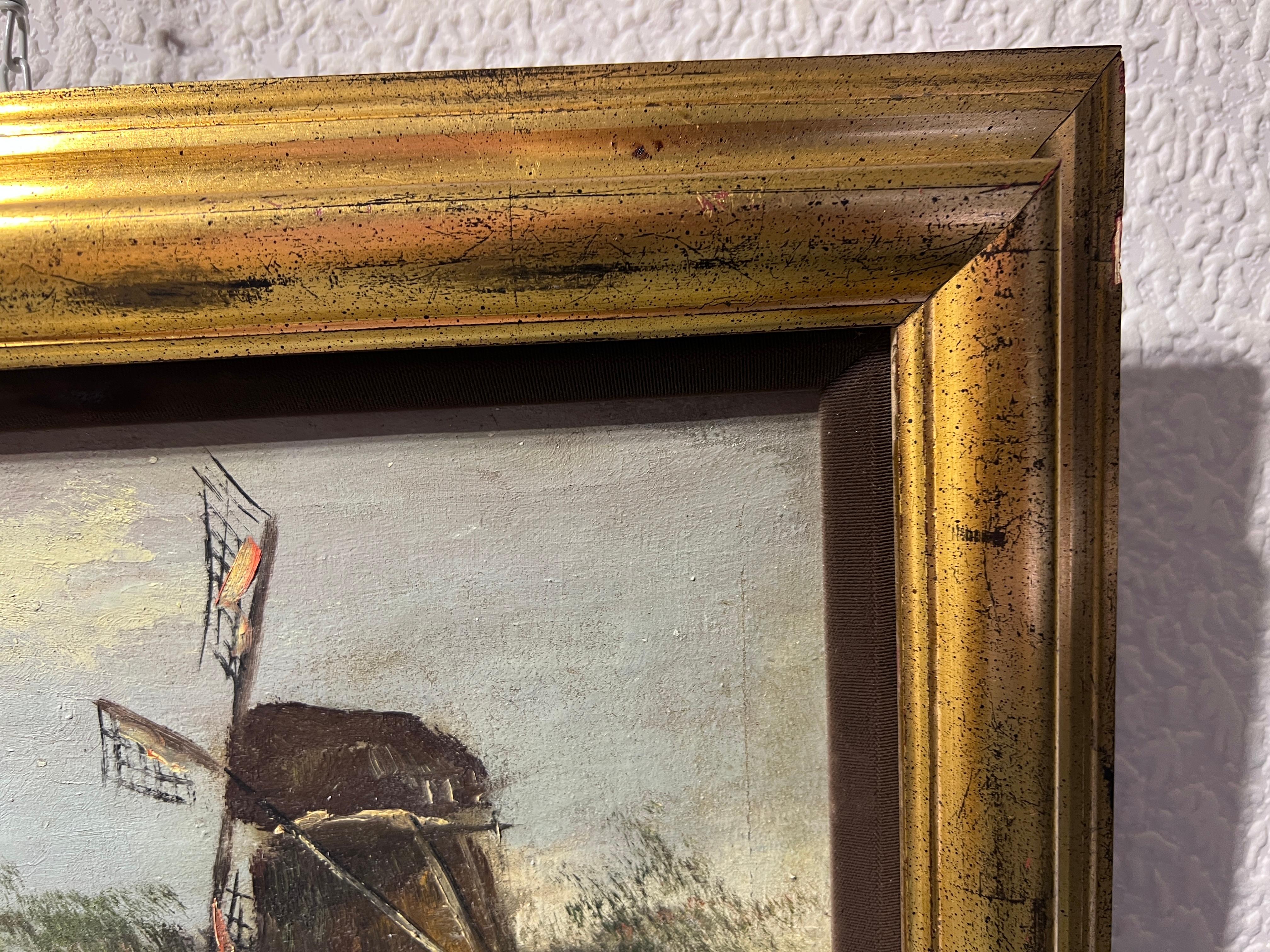 L. Brinksme Antique oil painting on canvas Windmill, Rural Landscape, Framed For Sale 5