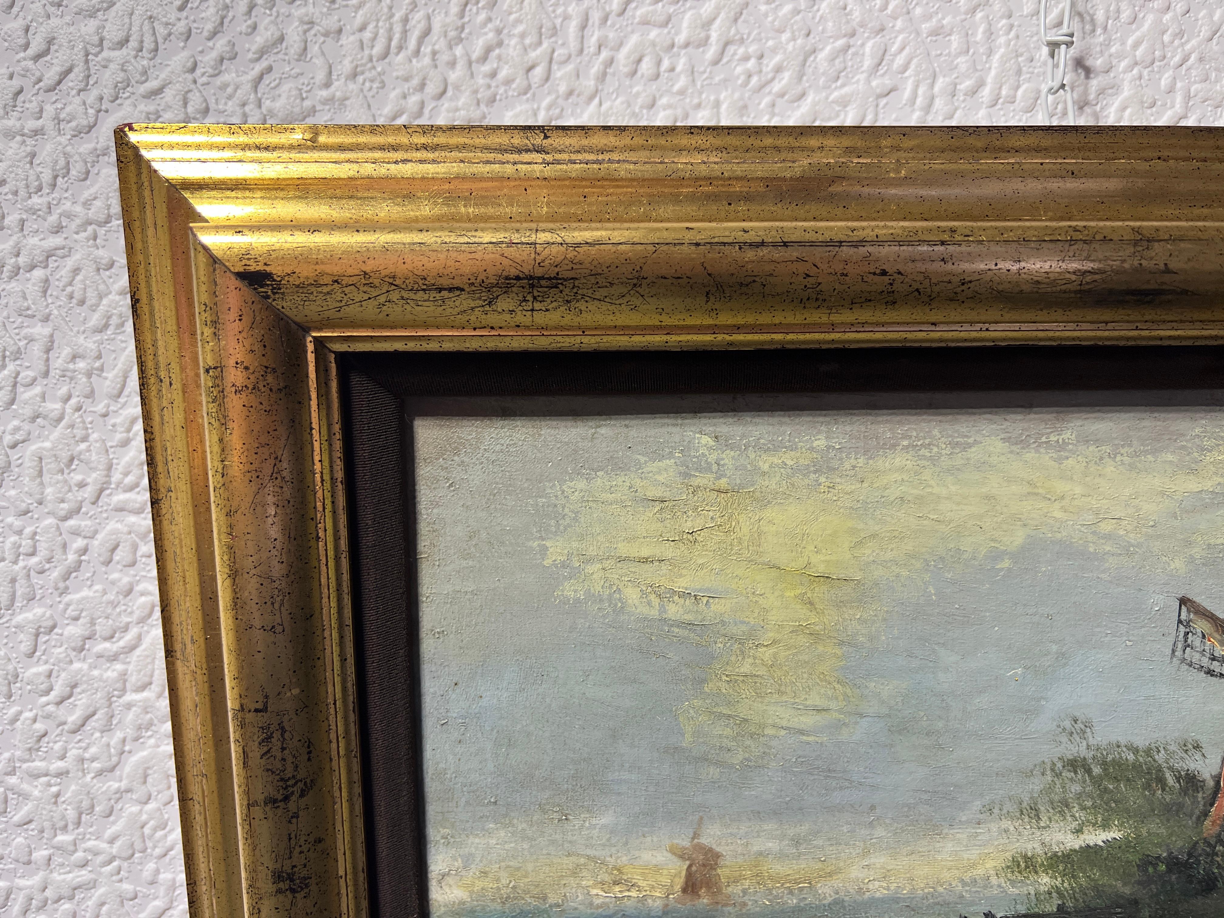 L. Brinksme Antique oil painting on canvas Windmill, Rural Landscape, Framed For Sale 6