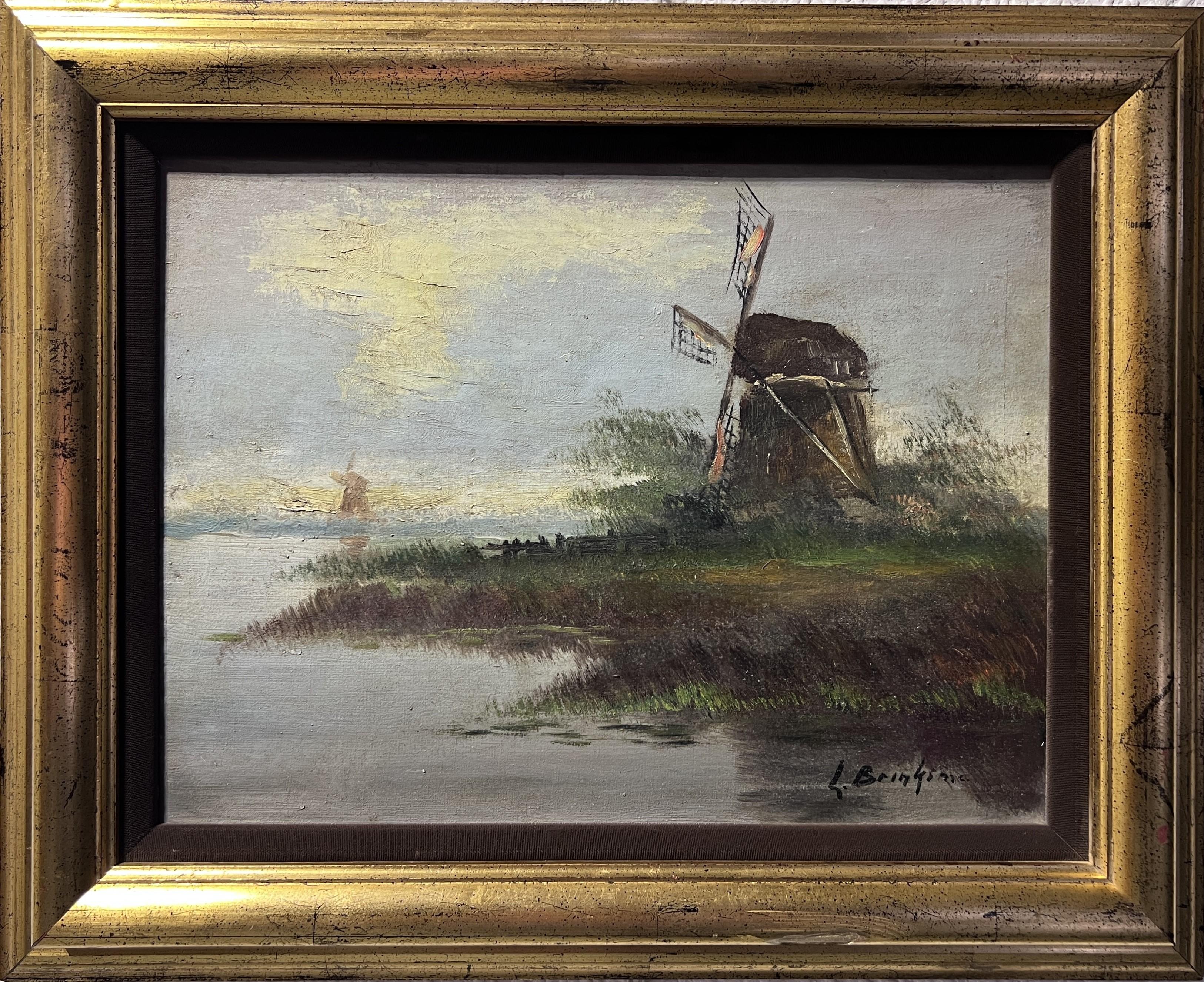 This is an original antique oil painting on canvas depicting a rural landscape with a water mill. 

Signed by the artist in the lower right, L. Brinksme. Titled in Arabic on the backside.

Dimensions (frame): 21” W x 17” H 
Dimensions (sight): 16” W