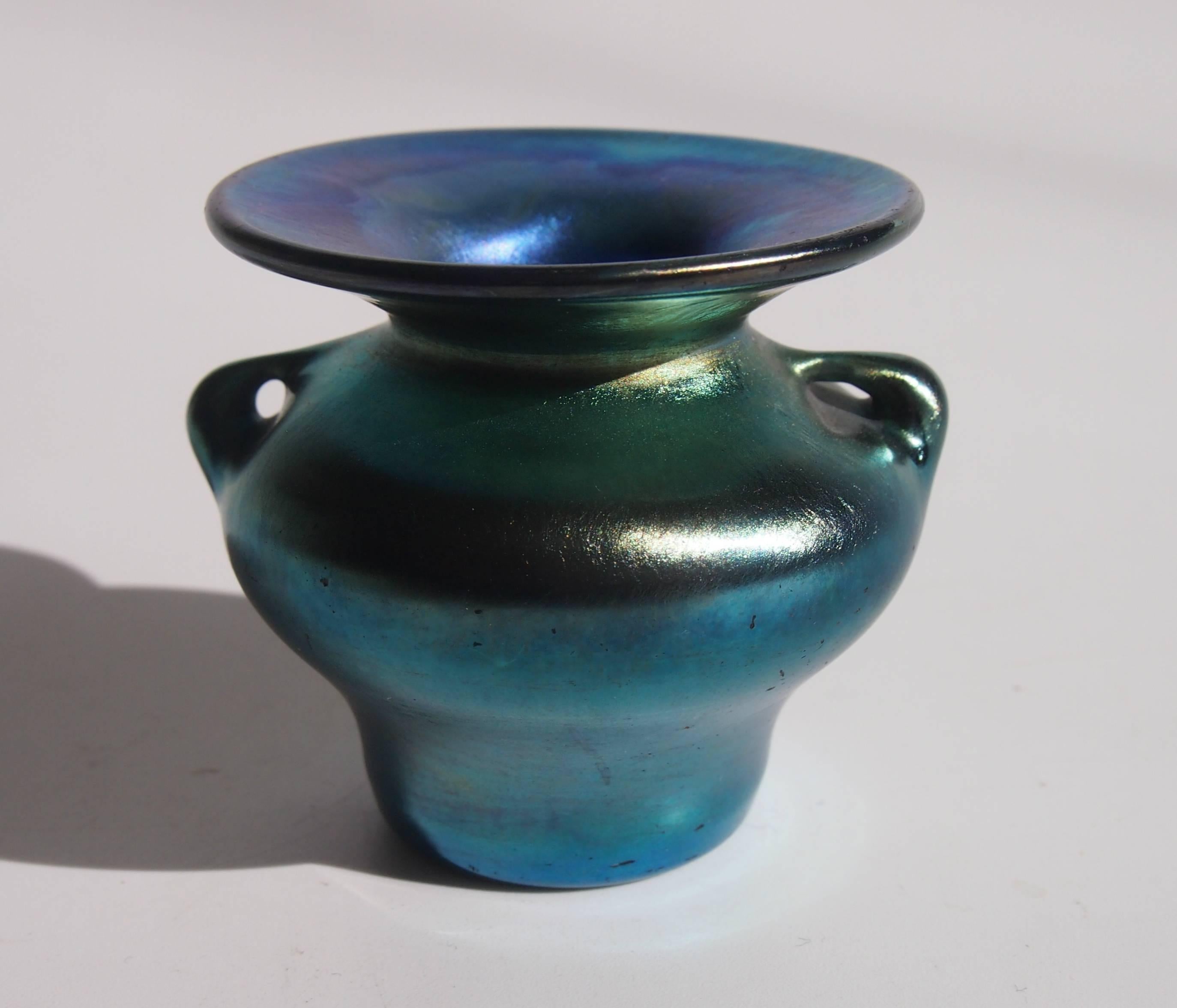 American L C Tiffany Art Nouveau Blue Miniature Favrile Glass Urn/Vase For Sale