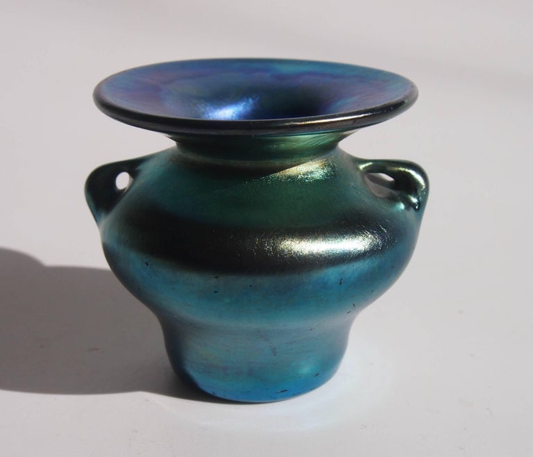 L C Tiffany Art Nouveau Blue Miniature Favrile Glass Urn/Vase For Sale