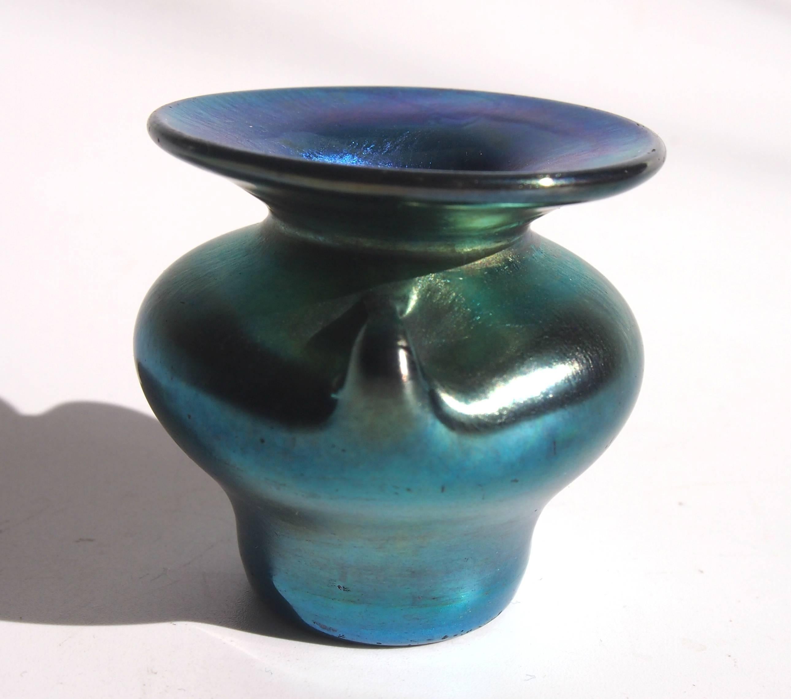 L C Tiffany Art Nouveau Blue Miniature Favrile Glass Urn/Vase In Good Condition For Sale In London, GB