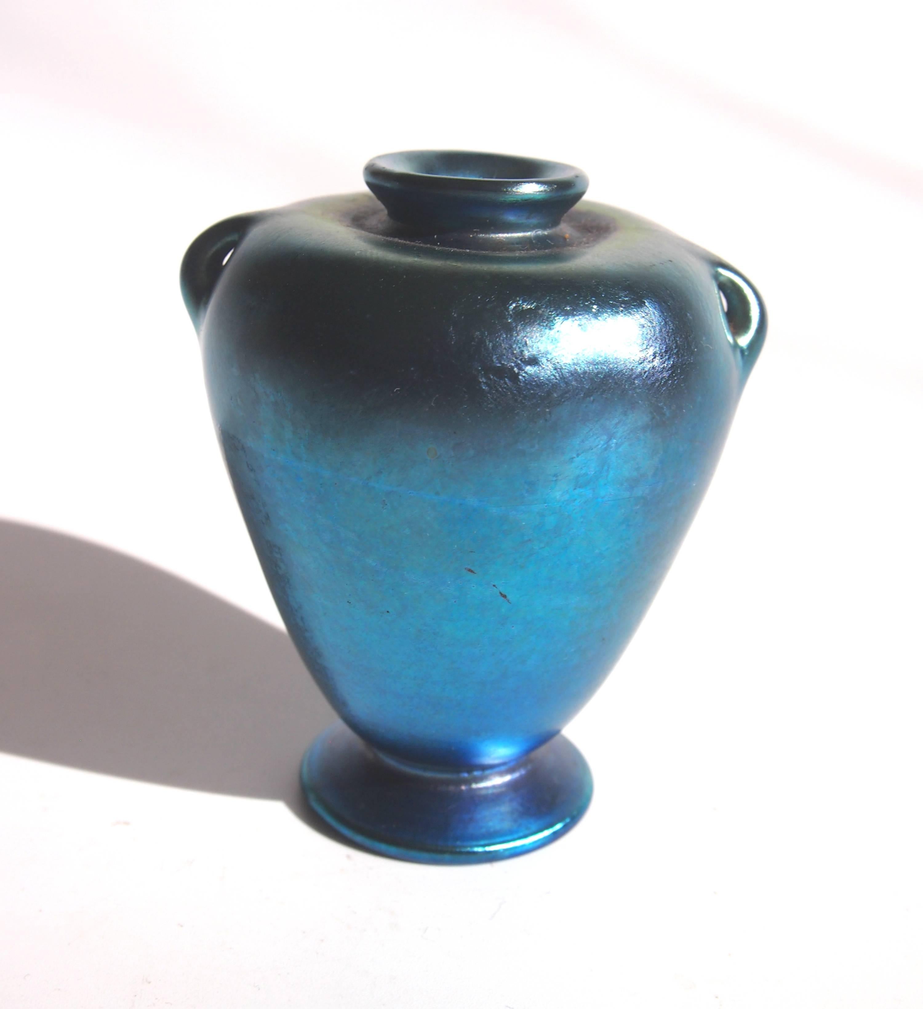 American L C Tiffany Art Nouveau Blue Miniature Footed Favrile Glass Urn/Vase For Sale