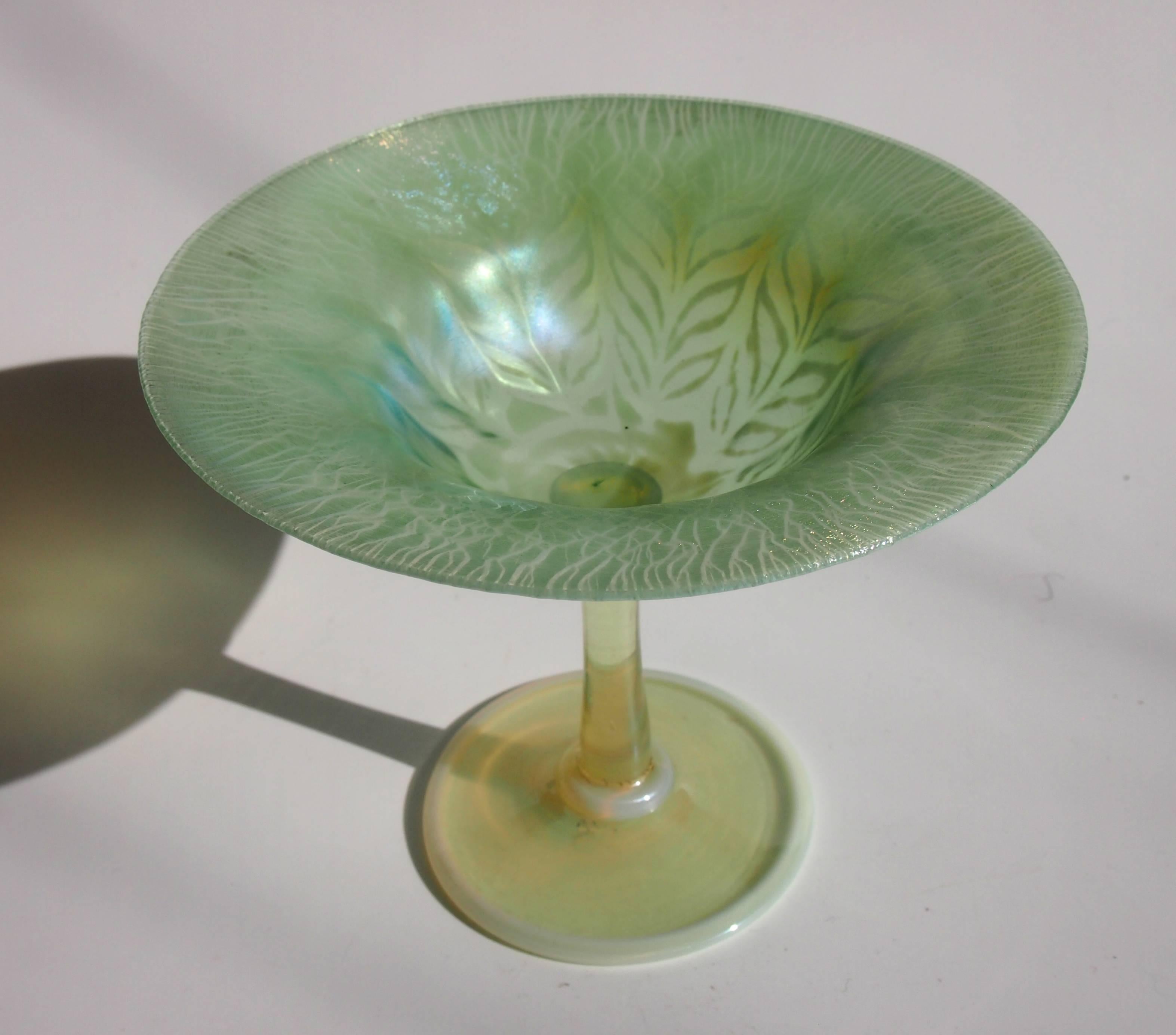 American L C Tiffany Art Nouveau Green and Opal Pastel Favrile Compote