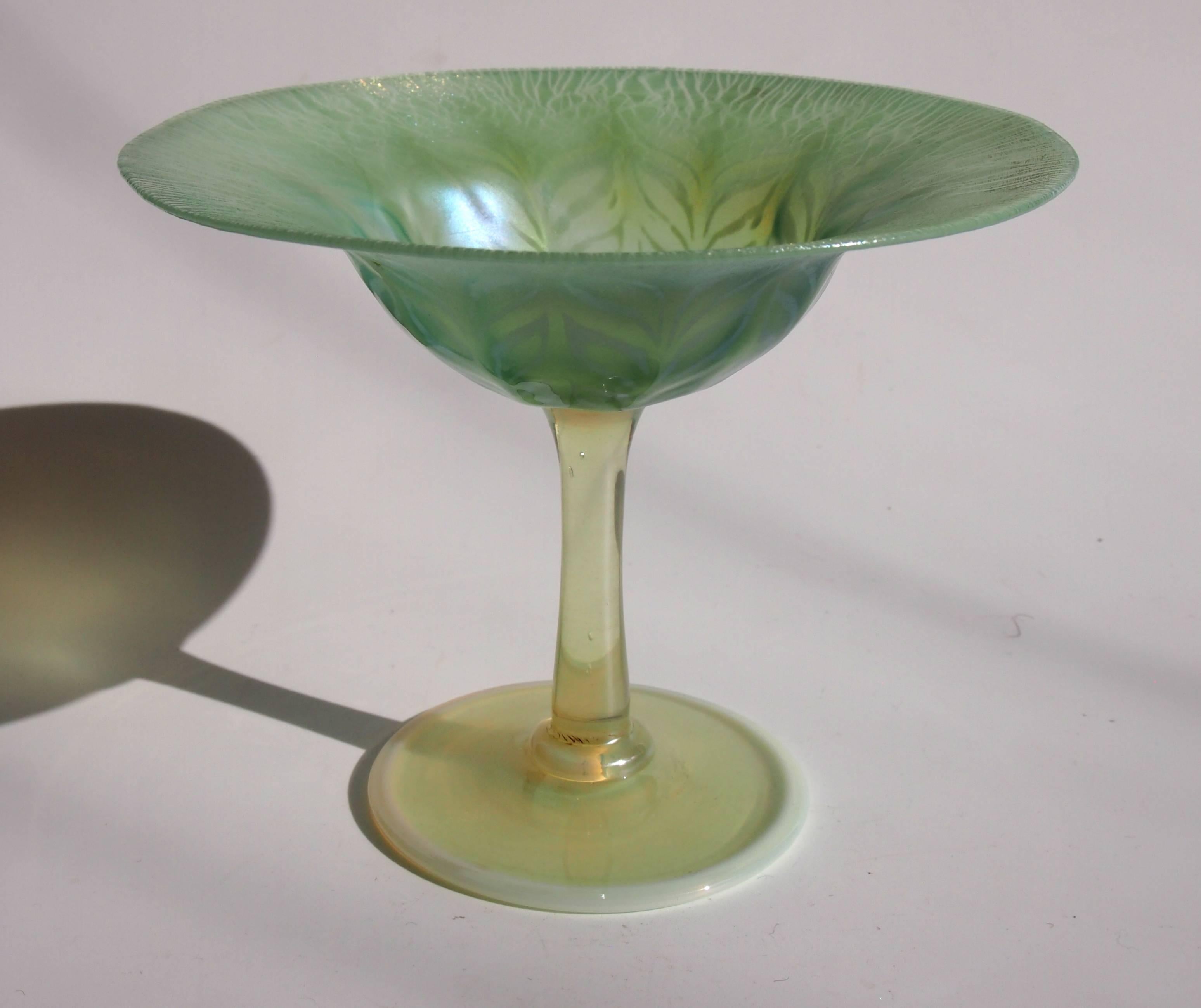 L C Tiffany Art Nouveau Green and Opal Pastel Favrile Compote In Excellent Condition In London, GB
