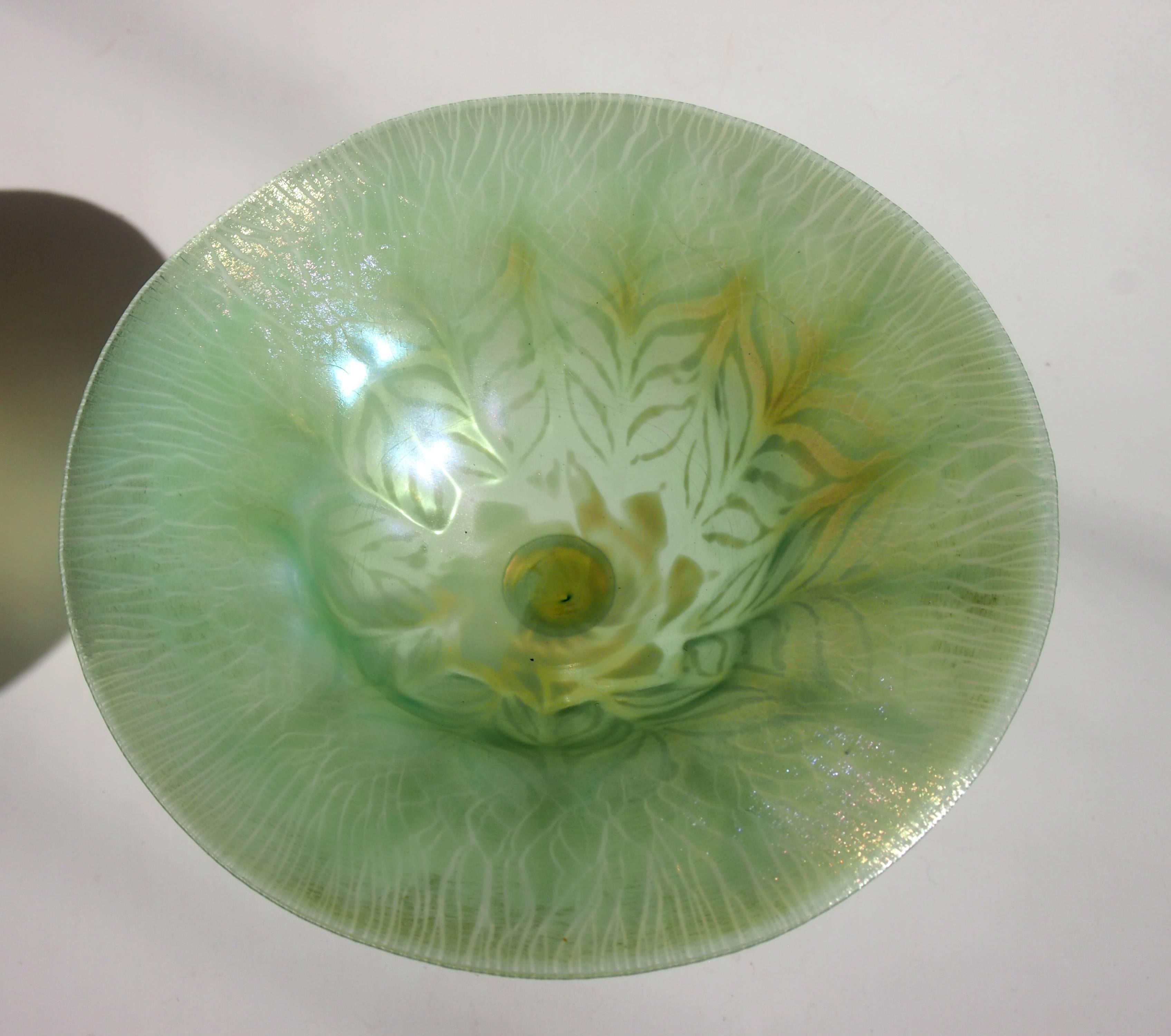 Early 20th Century L C Tiffany Art Nouveau Green and Opal Pastel Favrile Compote