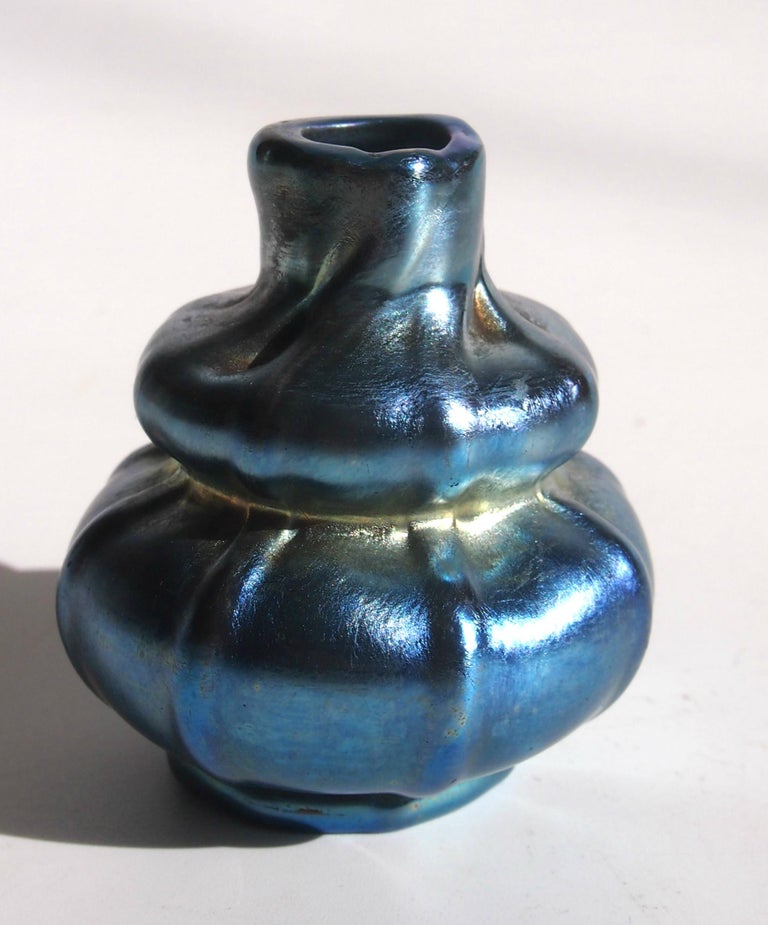 American L C Tiffany Blue Miniature Favrile Glass Vase, Signed For Sale
