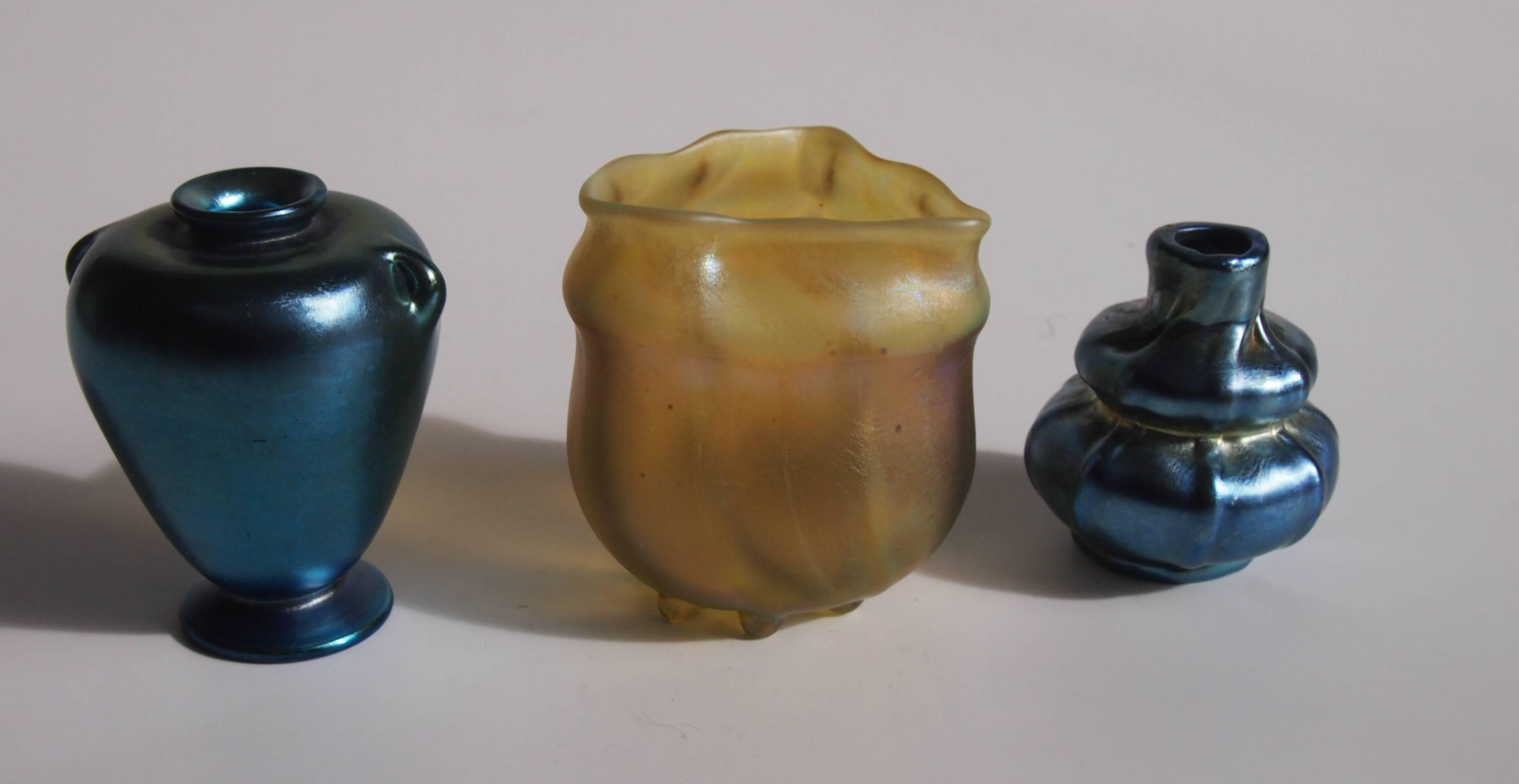 American L C Tiffany Blue Miniature Favrile Glass Vase For Sale