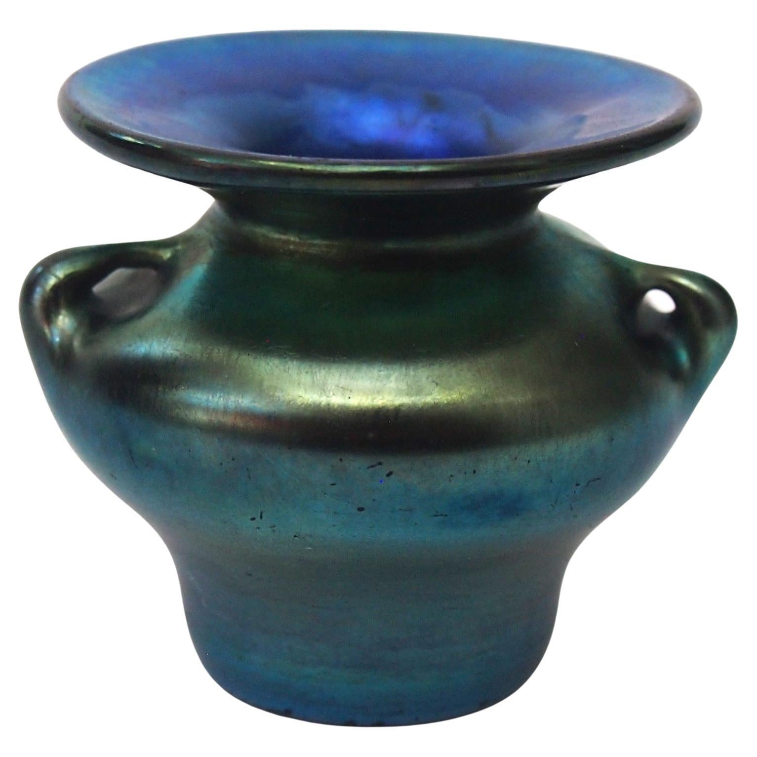 L C Tiffany Mazarin Blue Two Handled Miniature Favrile Glass Vase, Signed