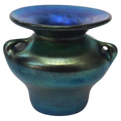 L C Tiffany Mazarin Blue Two Handled Miniature Favrile Glass Vase, Signed