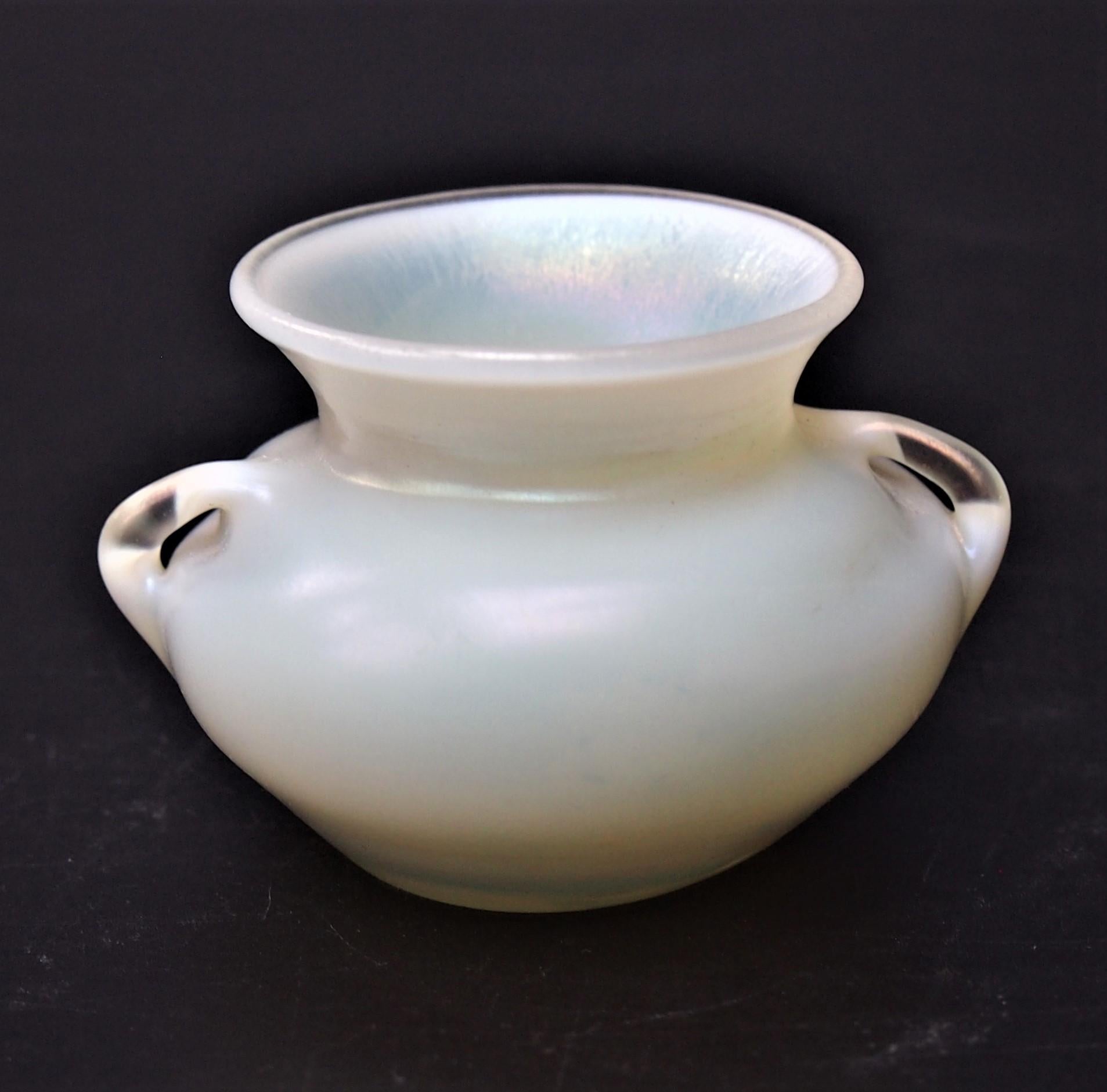 A rare opal Louis Comfort Tiffany, signed, two handled miniature vase. Signed just LCT probably c1910 -alas the signature is  very hard to photograph -(see last, colour enhanced image where the LCT can be faintly seen on the base 5 o'clock round to
