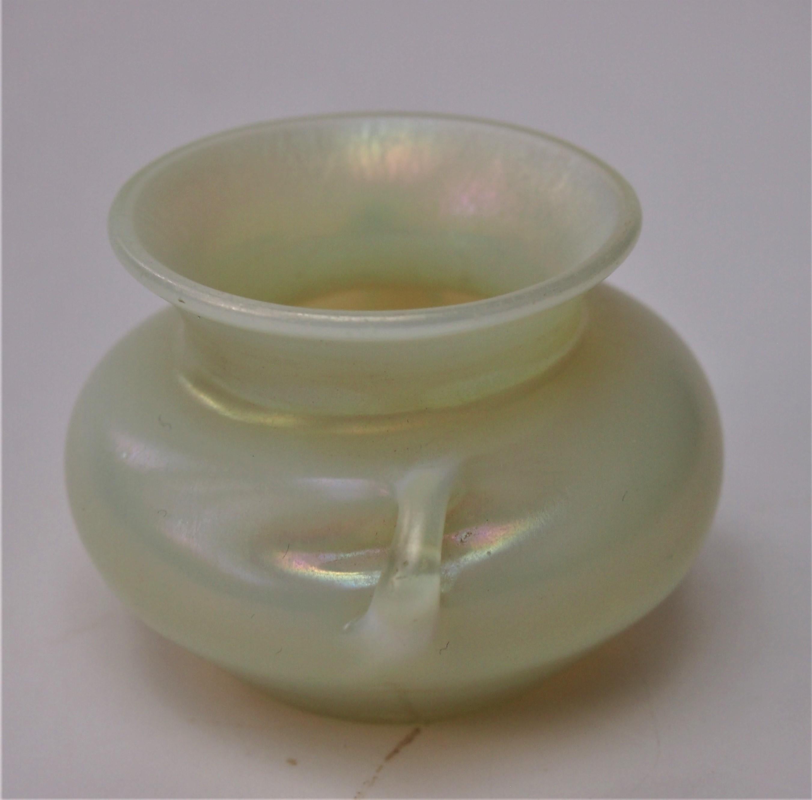 Art Nouveau L C Tiffany Opal Miniature Handled Favrile Glass Vase -signed c1910