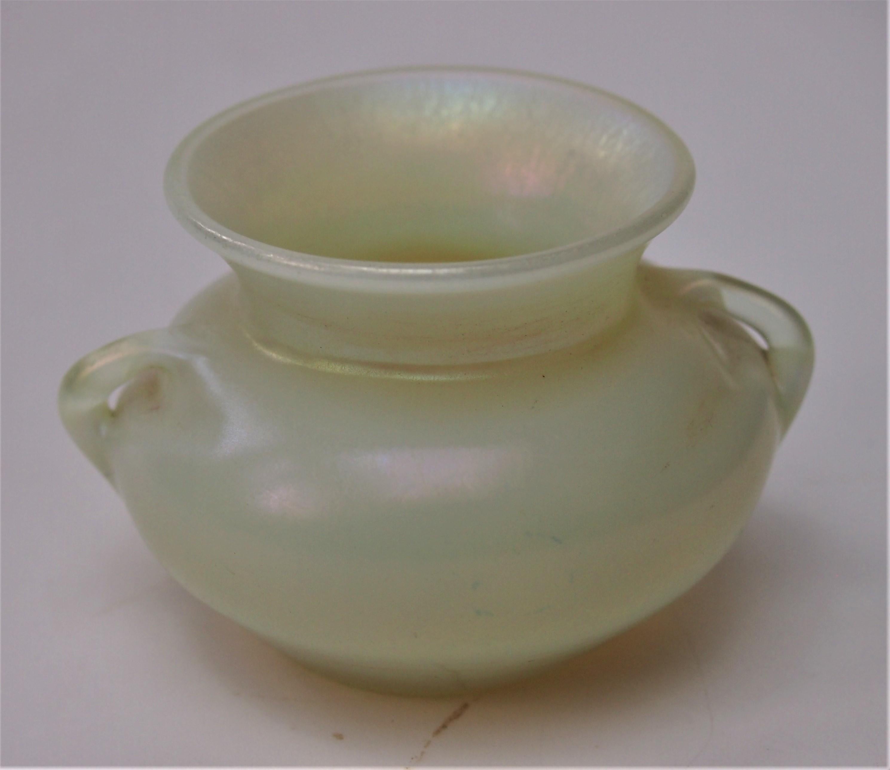 American L C Tiffany Opal Miniature Handled Favrile Glass Vase -signed c1910