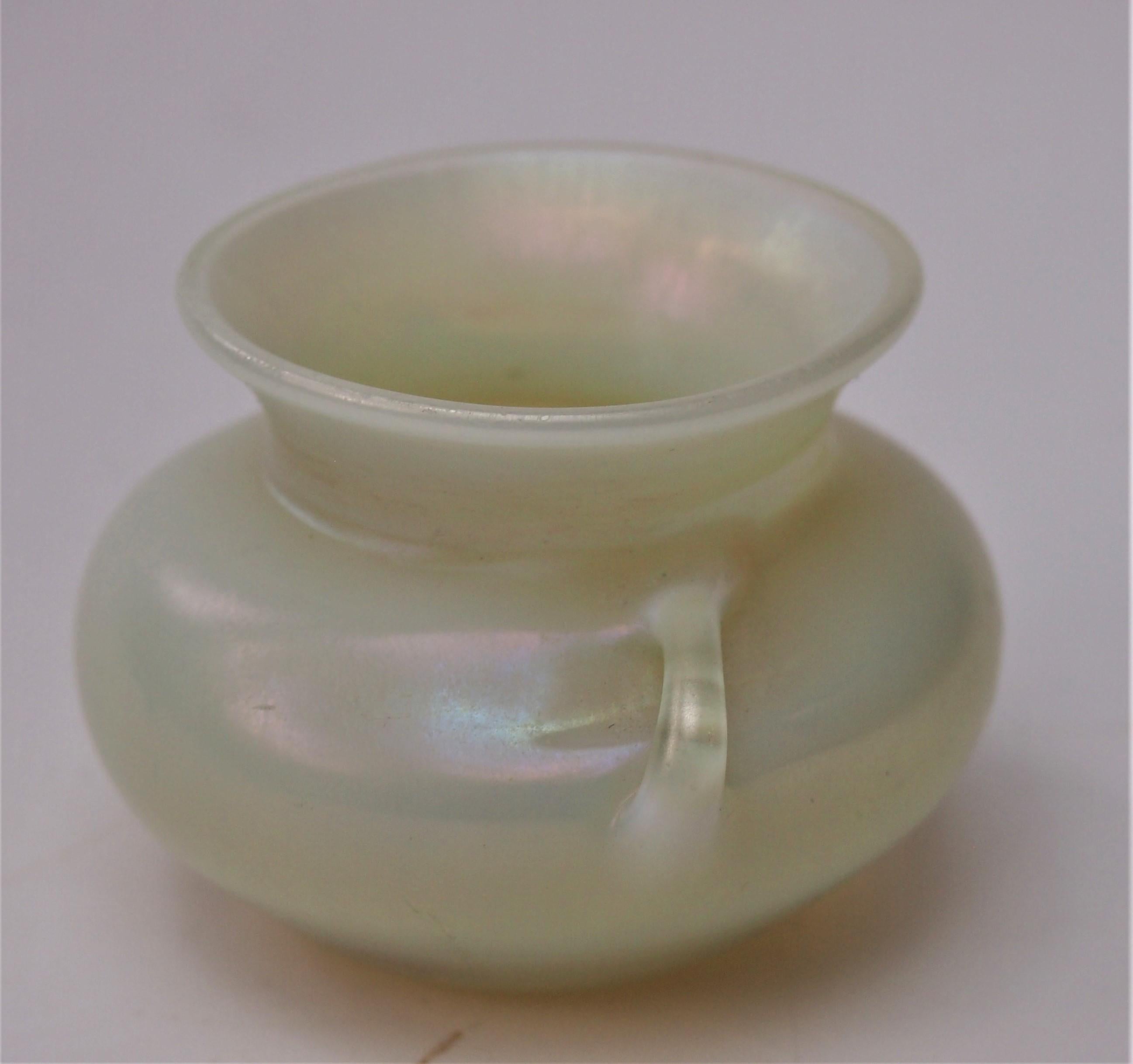L C Tiffany Opal Miniature Handled Favrile Glass Vase -signed c1910 In Good Condition In Worcester Park, GB