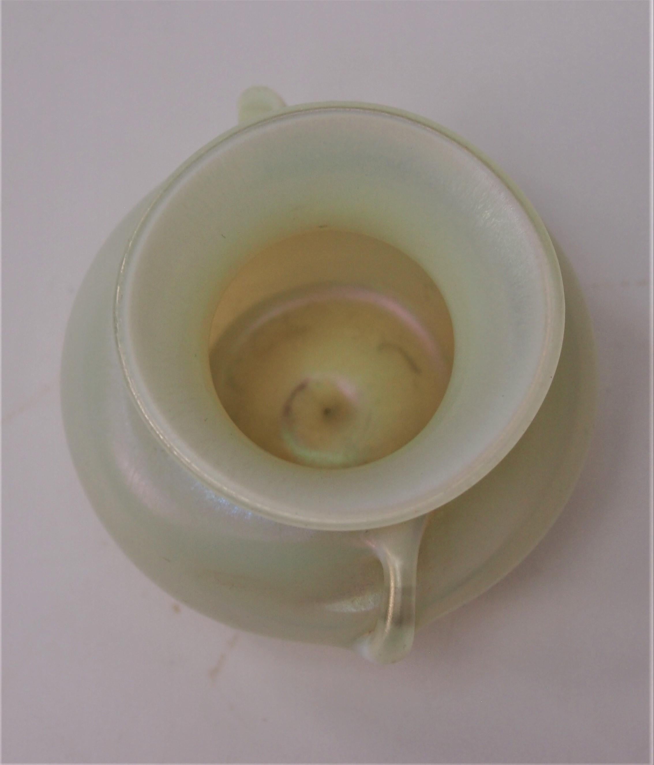 Early 20th Century L C Tiffany Opal Miniature Handled Favrile Glass Vase -signed c1910