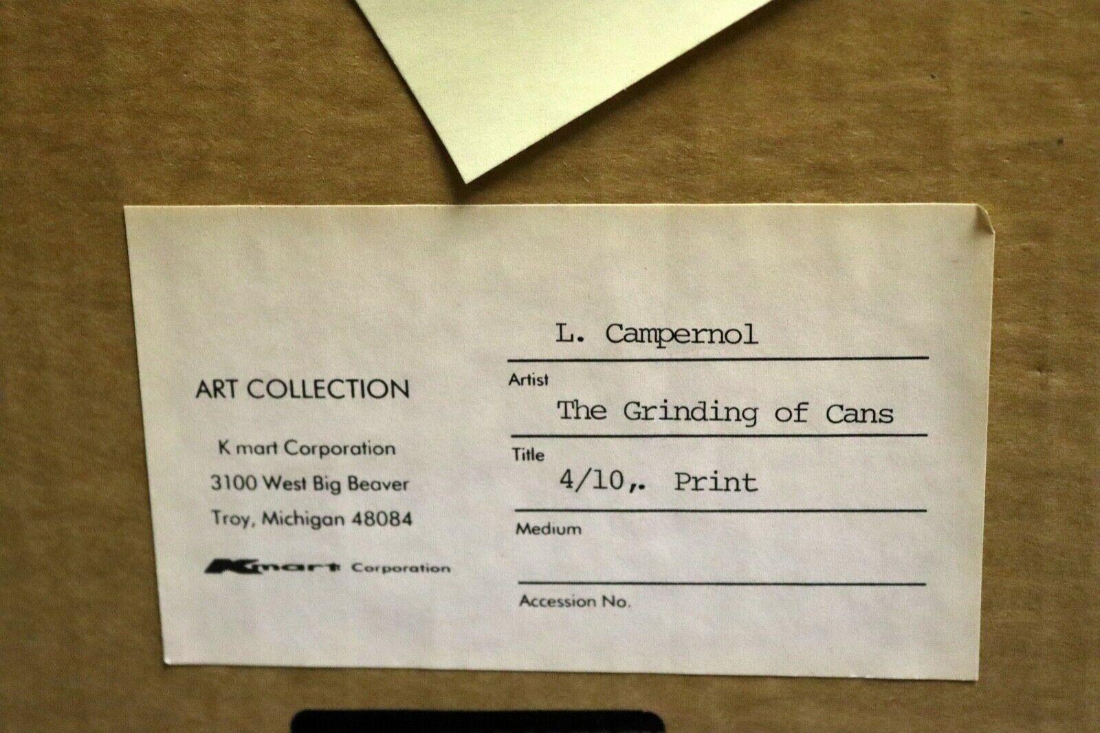 L Campernol The Grinding Cans Schwarz-Weiß-Moderne Serigraphie im Zustand „Gut“ im Angebot in Keego Harbor, MI