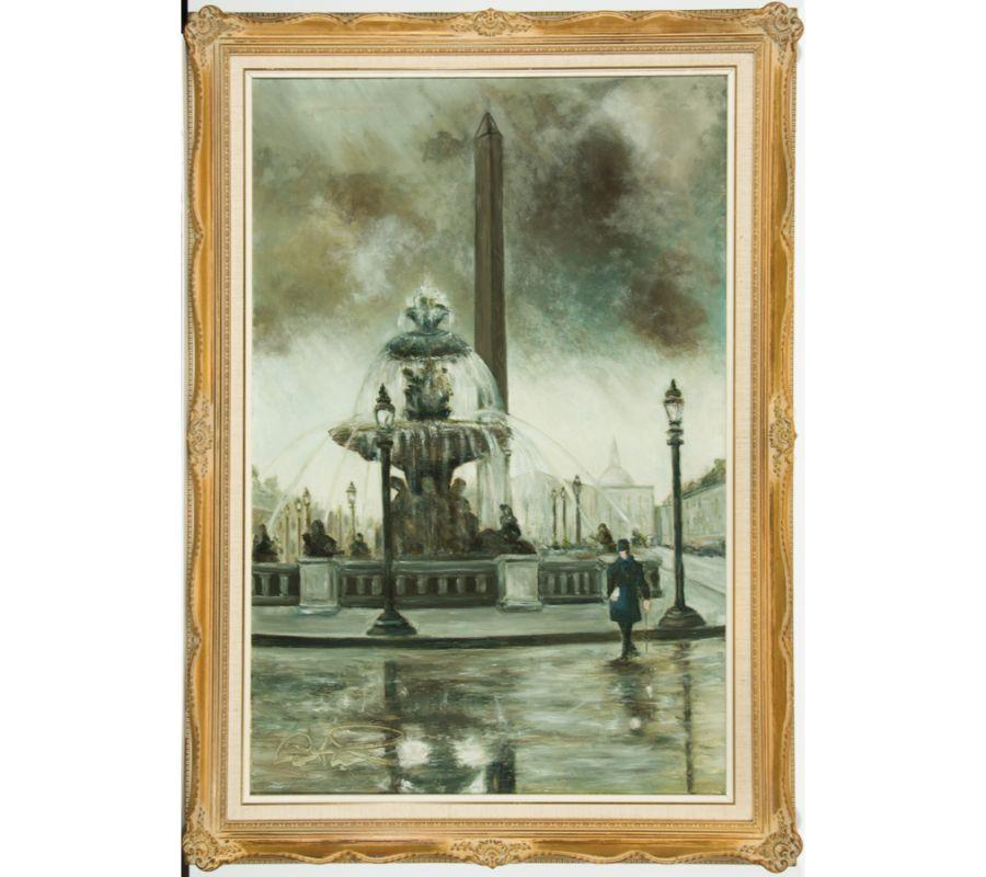 A modern French School street scene, depicting a figure at Place la Concorde, Paris. Excellently presented in a contemporary gilt effect frame. Inscribed to the reverse of the stretcher 'L. Catrimo'. Signed indistinctly, On canvas on stretchers.
