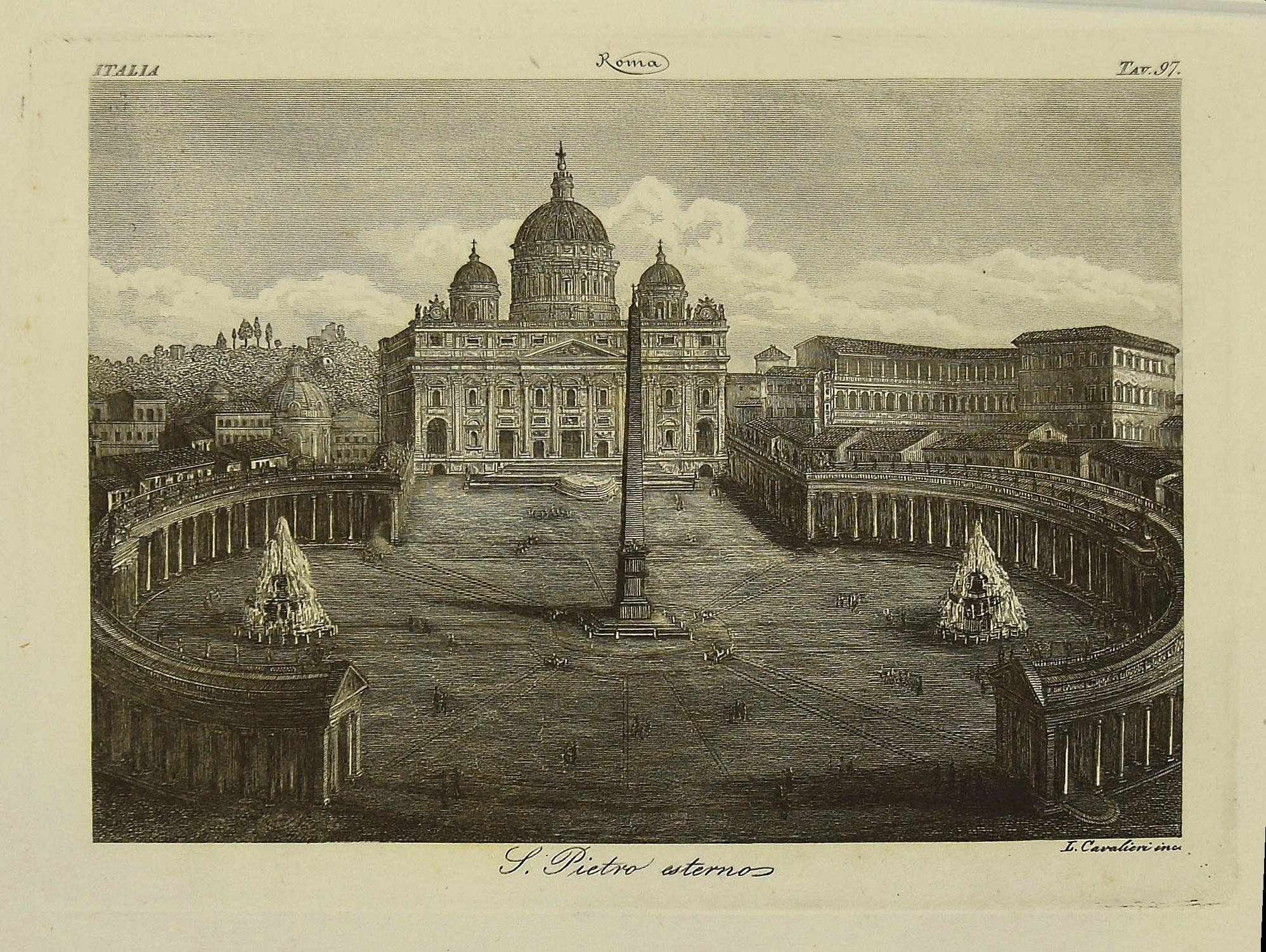 S.Pietro esterno is a black and white etching on paper, realized by L. Cavalieri.

At the top left margin the printed inscription: "ITALIA"; top center: "Roma"; top right: "TAV. 97"; bottom center: "S.Pietro Esterno"; bottom right: "L. Cavalieri
