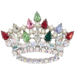 Vintage L David Royal White Crystal and Faux Pearl Crown with Colorful Accents