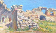 1930's French Impressionist Signed Oil Painting Old Ancient Ruins Stone Building