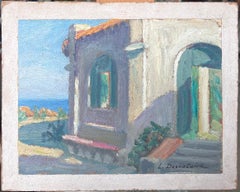 Olio impressionista francese dei primi del '900 Villa e giardini nel sud della Francia