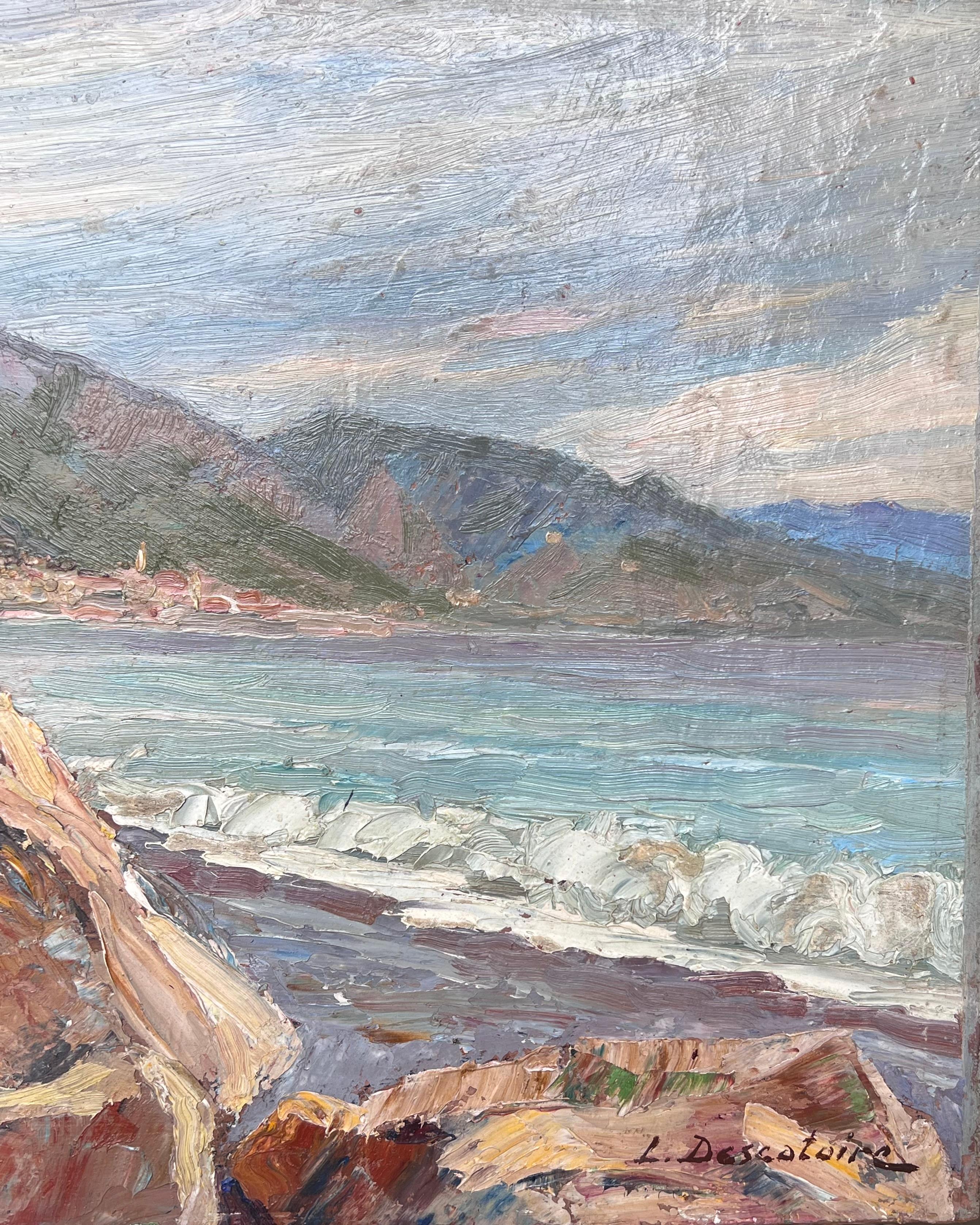 Early 20th Century French Impressionist Signed Oil The Mediterranean Coastline For Sale 1