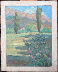 Mid 20th Century French Impressionist Oil Painting Provence Landscape Trees