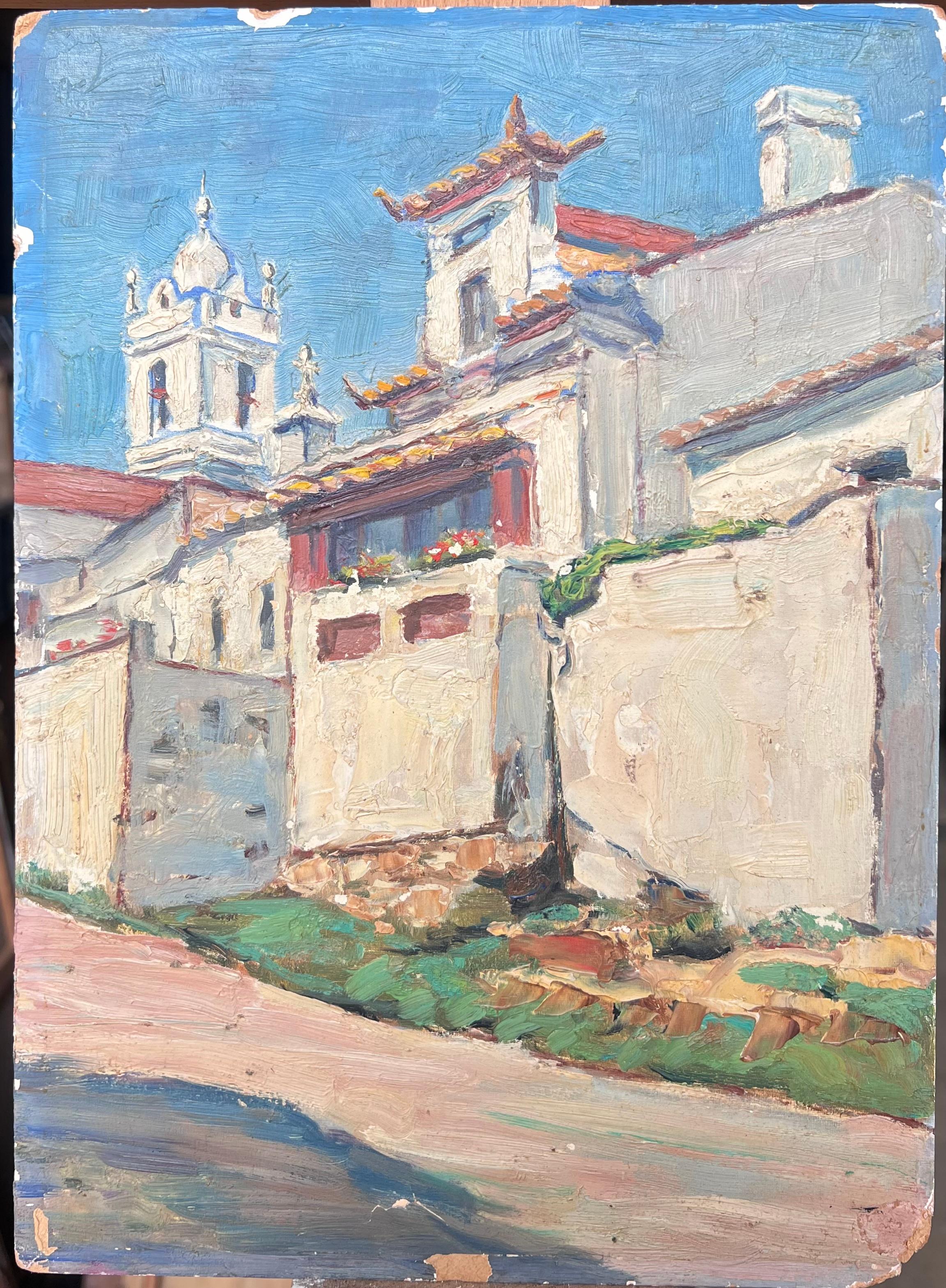 San Martino Portugal 1930's Französisch Ölgemälde Weiß gewaschene Dorfhäuser – Painting von L. Descatoire (19th-20th century) 
