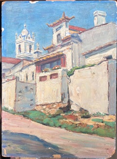 San Martino Portugal 1930's Französisch Ölgemälde Weiß gewaschene Dorfhäuser
