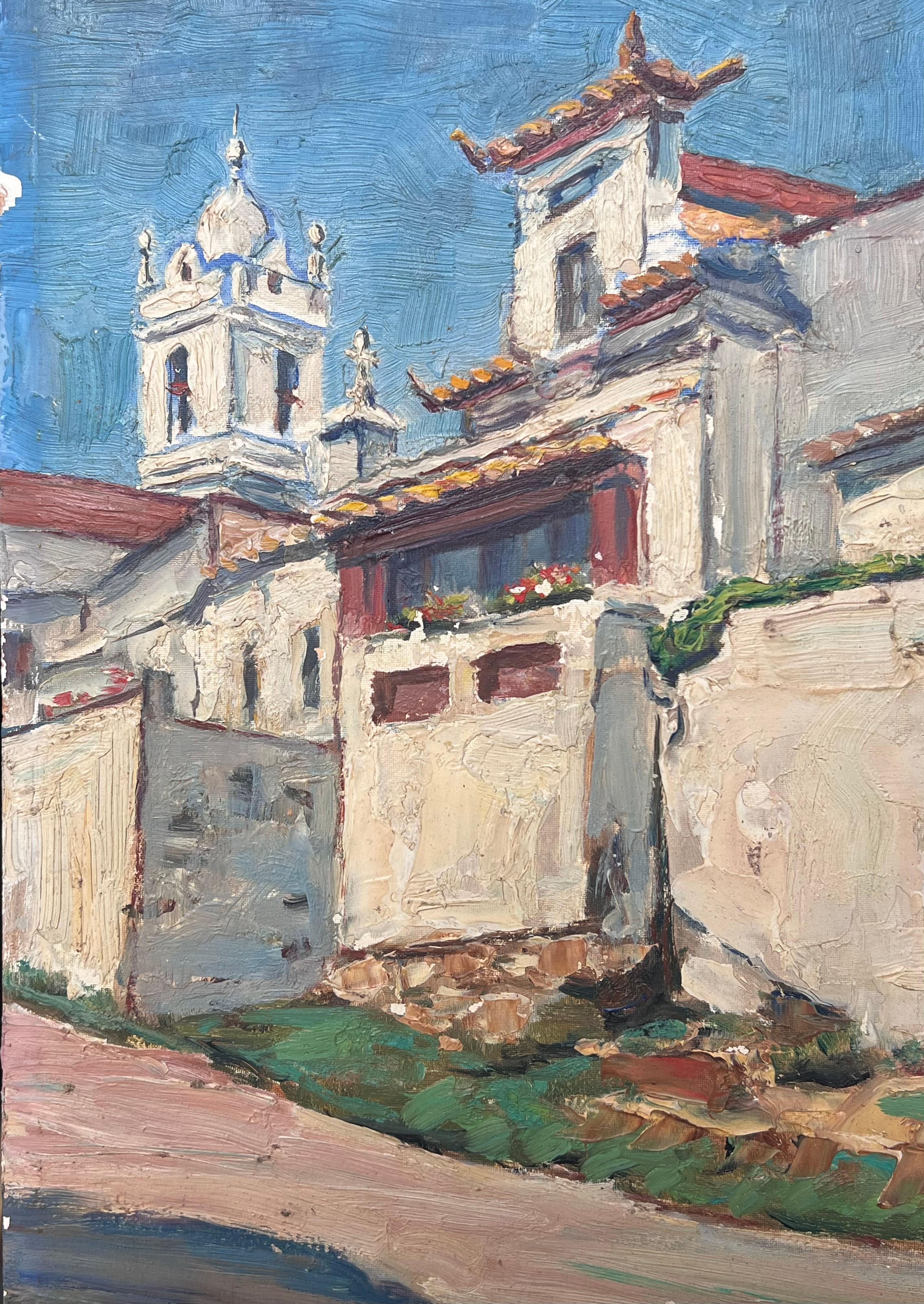 San Martino Portugal 1930's Französisch Ölgemälde Weiß gewaschene Dorfhäuser (Post-Impressionismus), Painting, von L. Descatoire (19th-20th century) 