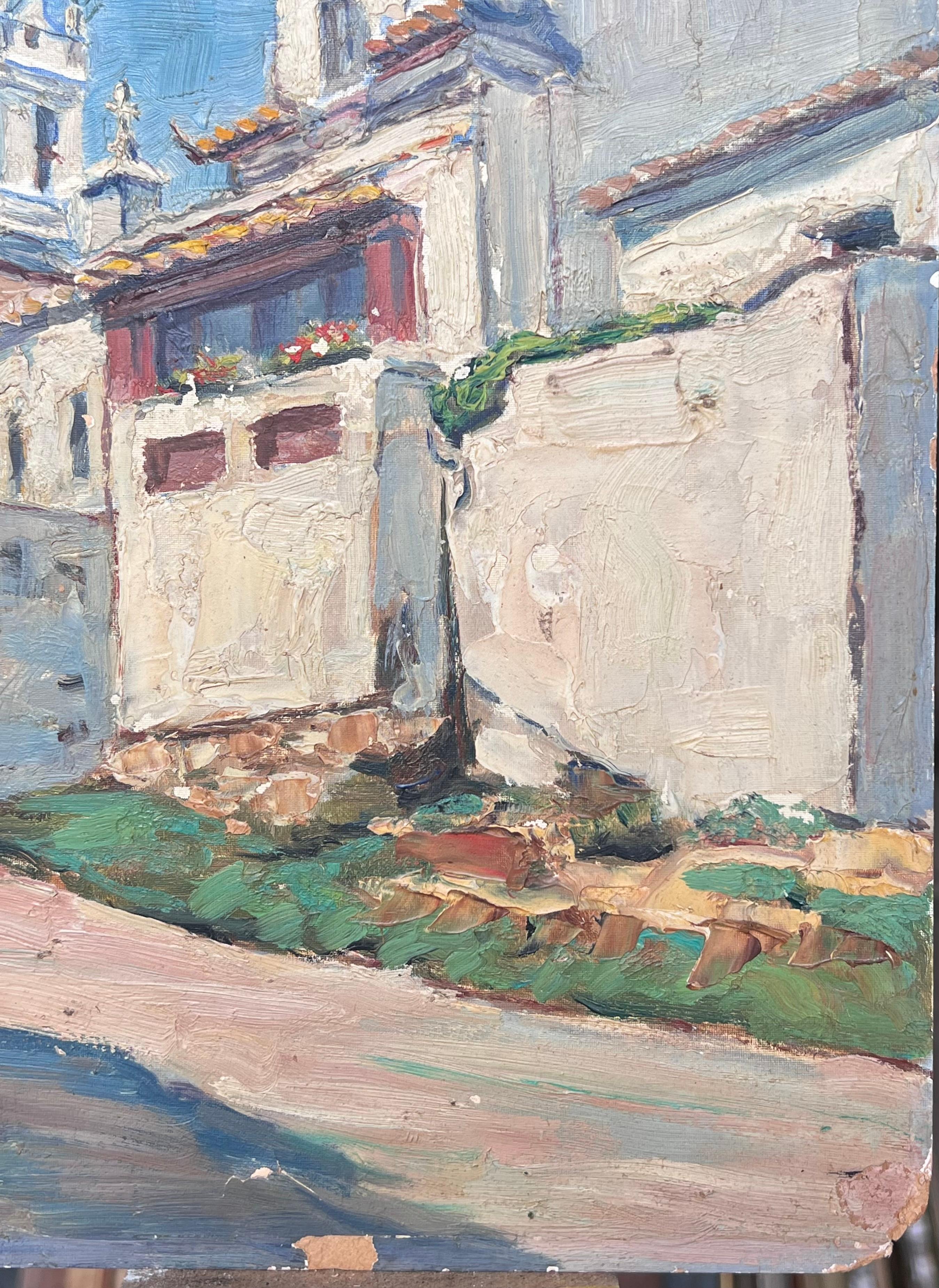 San Martino Portugal 1930's Französisch Ölgemälde Weiß gewaschene Dorfhäuser (Grau), Landscape Painting, von L. Descatoire (19th-20th century) 