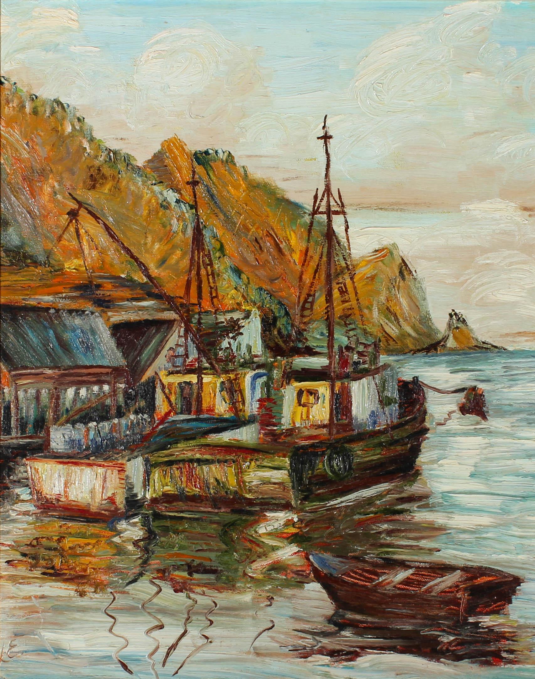 L. E - Mid 20th Century Oil, Boats And Orange Cliffs For Sale 1