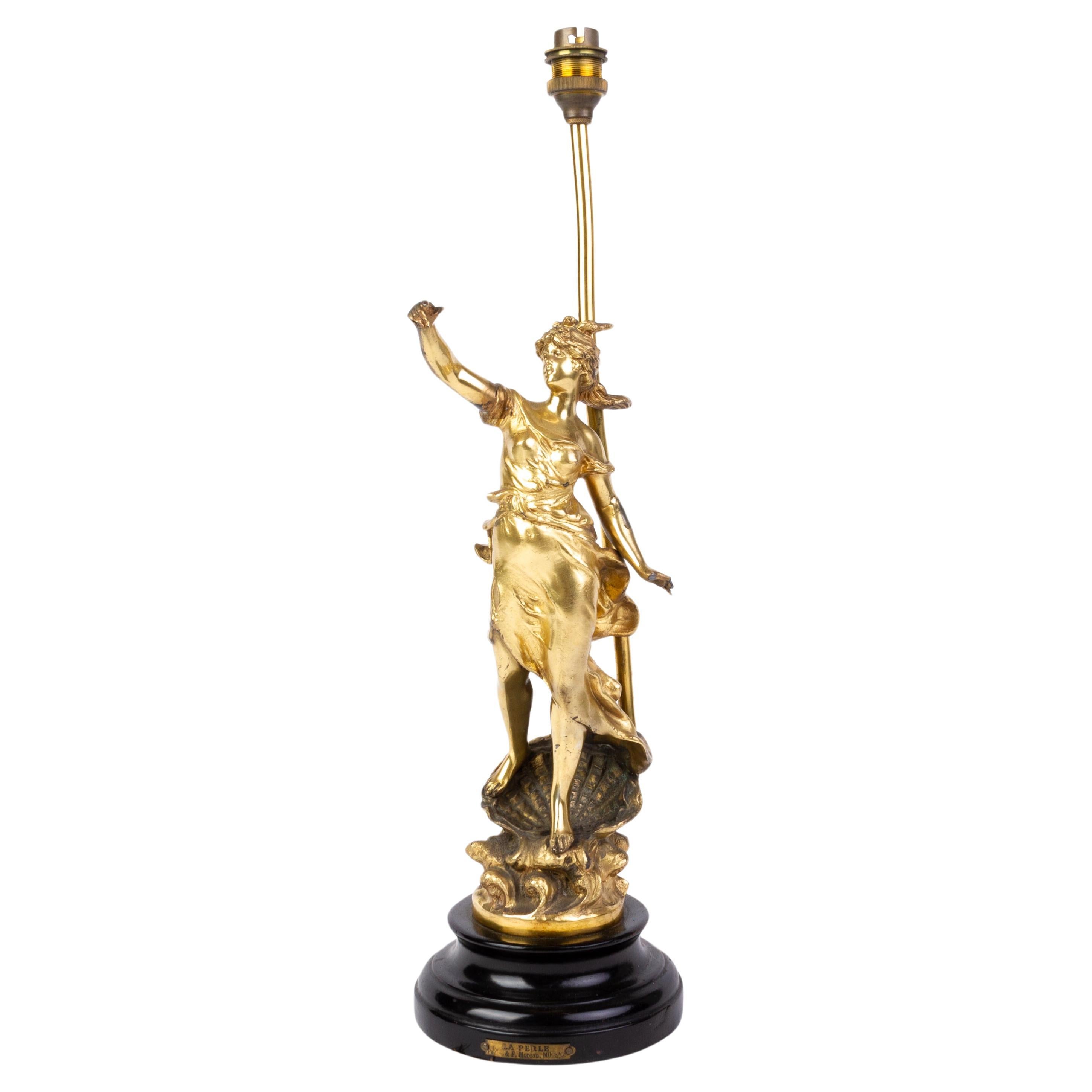 L & F Moreau French Gilt Spelter Sculpture "Pearl" Lamp Base 19th Century  For Sale