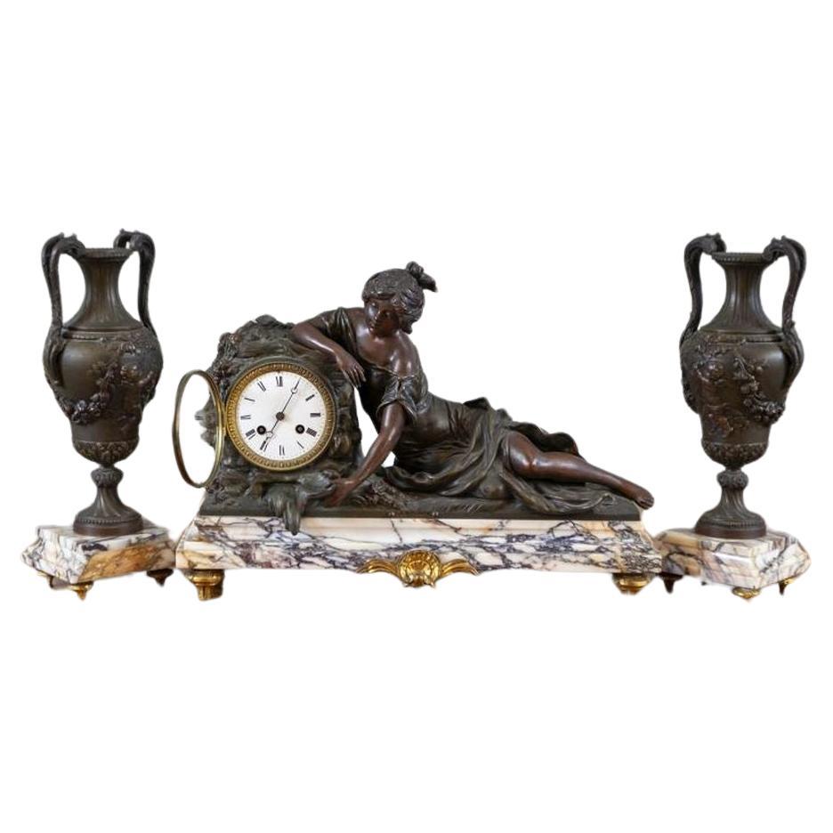 L & F Moreau Mantel Set on Marble Base From the Turn of the Centuries For Sale
