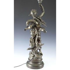 L & F Moreau Patinated Bronze Figural Lamp W/ Rock Crystal Flame, 19th Century