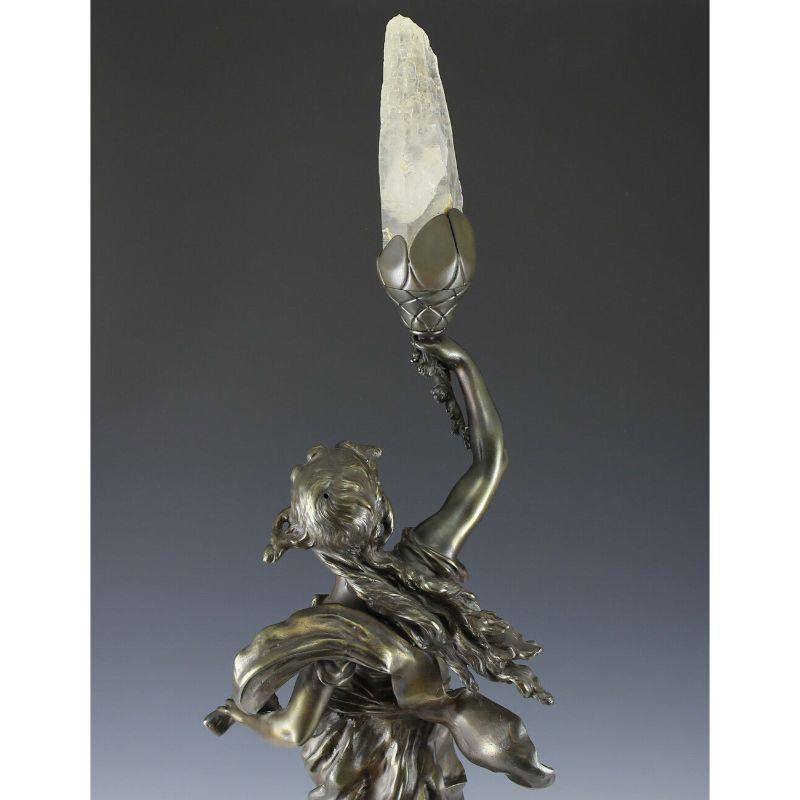L & F Moreau Patinated Bronze Figural Lamp W/ Rock Crystal Flame, 19th Century For Sale 4