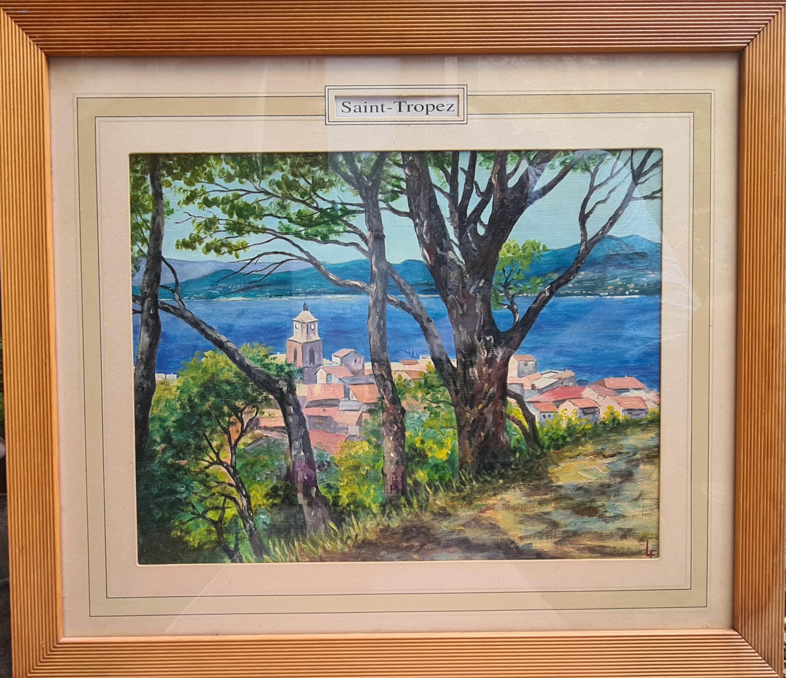 Un paesaggio marino francese, St Tropez vista dalla cittadella. Olio su tavola. - Painting di L F
