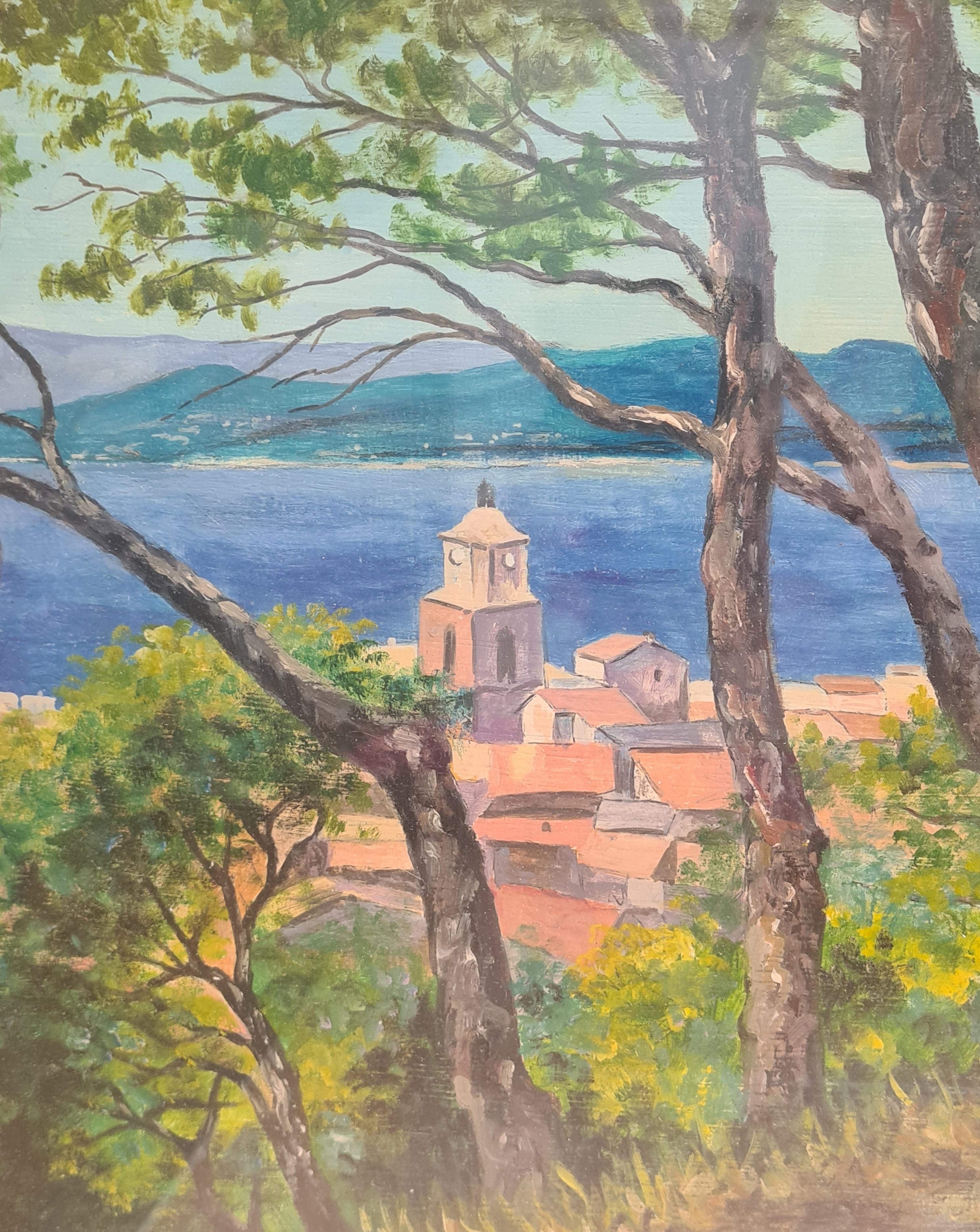 Un paesaggio marino francese, St Tropez vista dalla cittadella. Olio su tavola. - Landscape Painting Grigio di L F