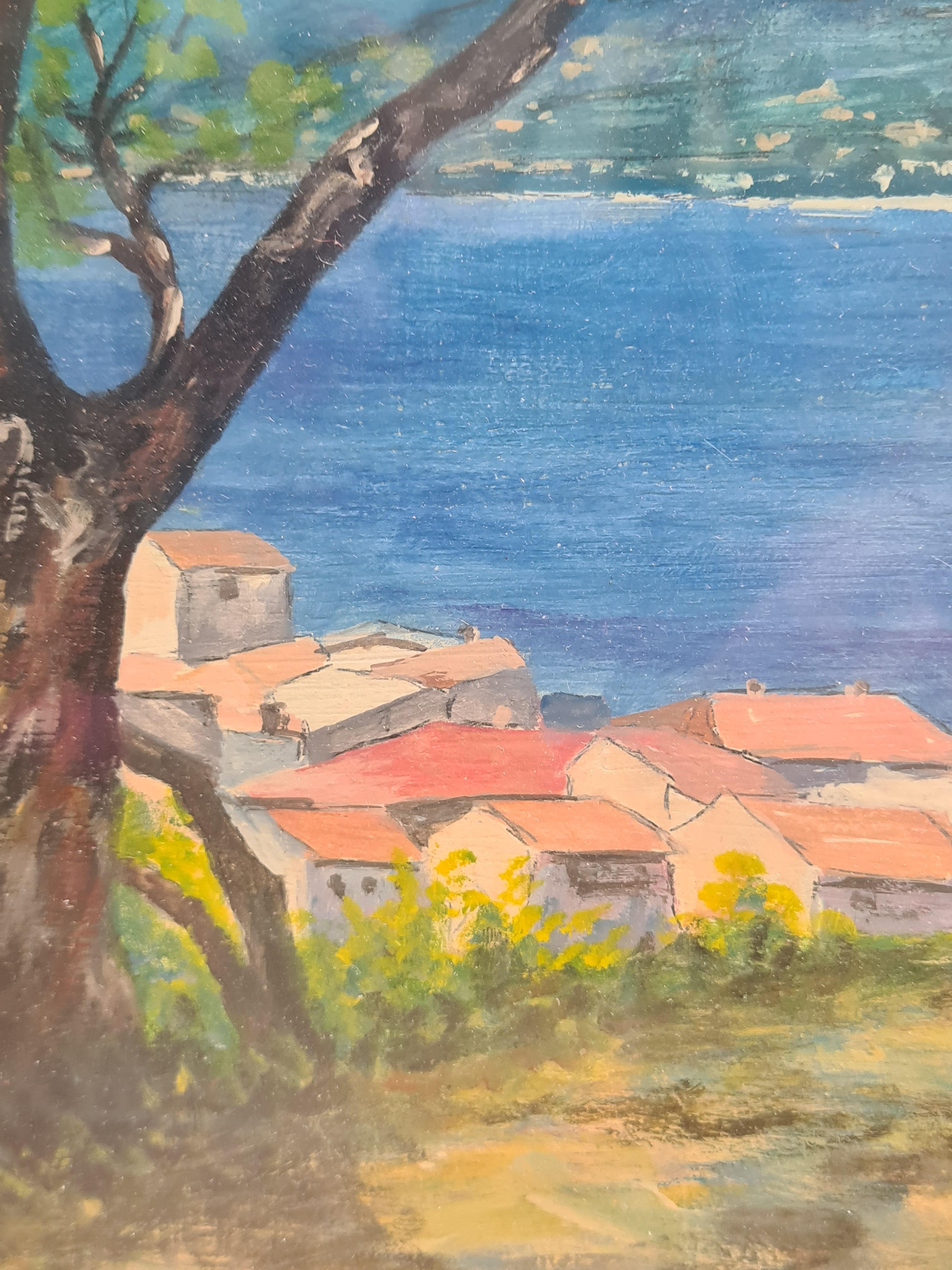 Un paesaggio marino francese, St Tropez vista dalla cittadella. Olio su tavola. in vendita 2