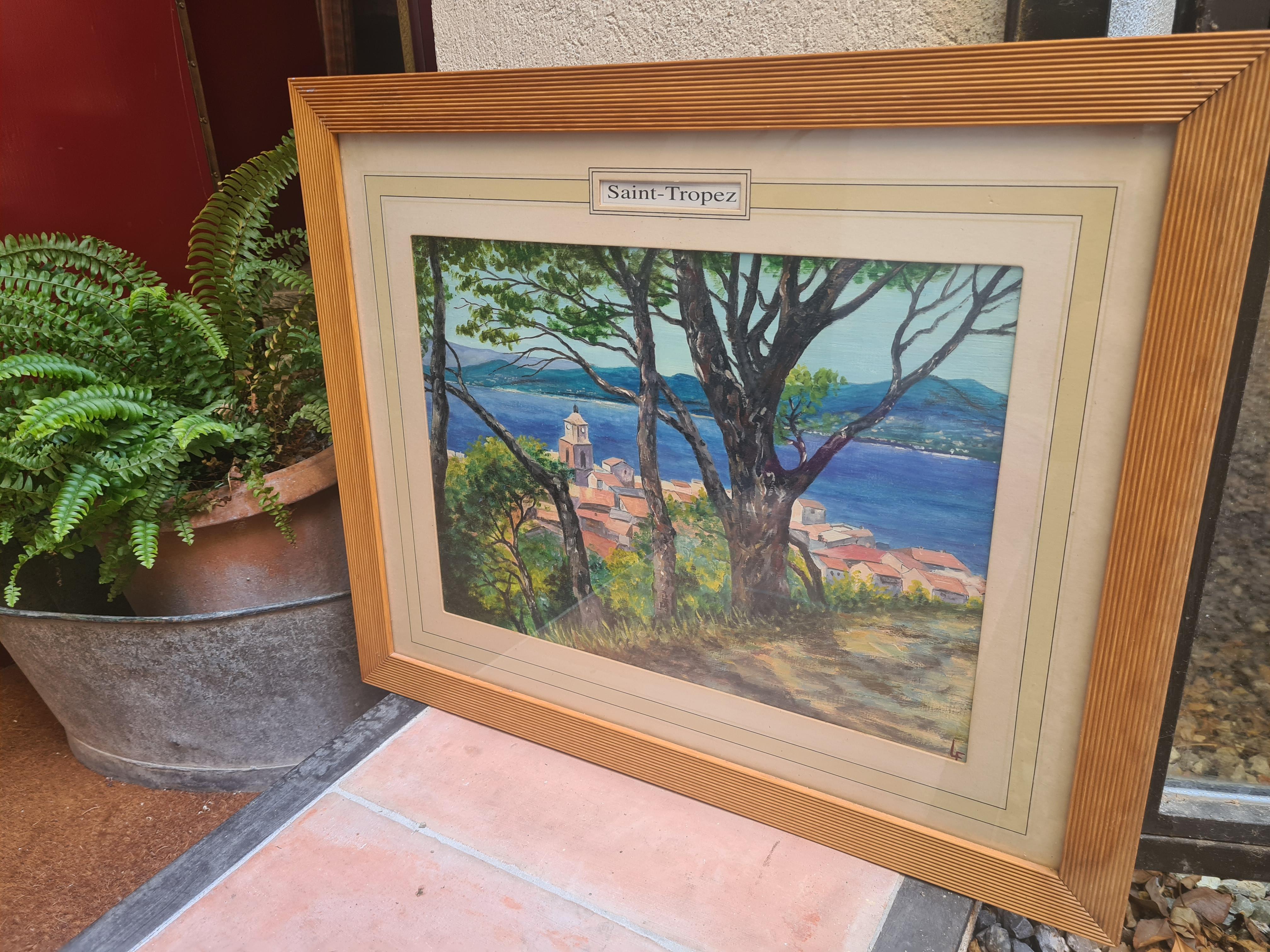 Un paesaggio marino francese, St Tropez vista dalla cittadella. Olio su tavola. in vendita 5