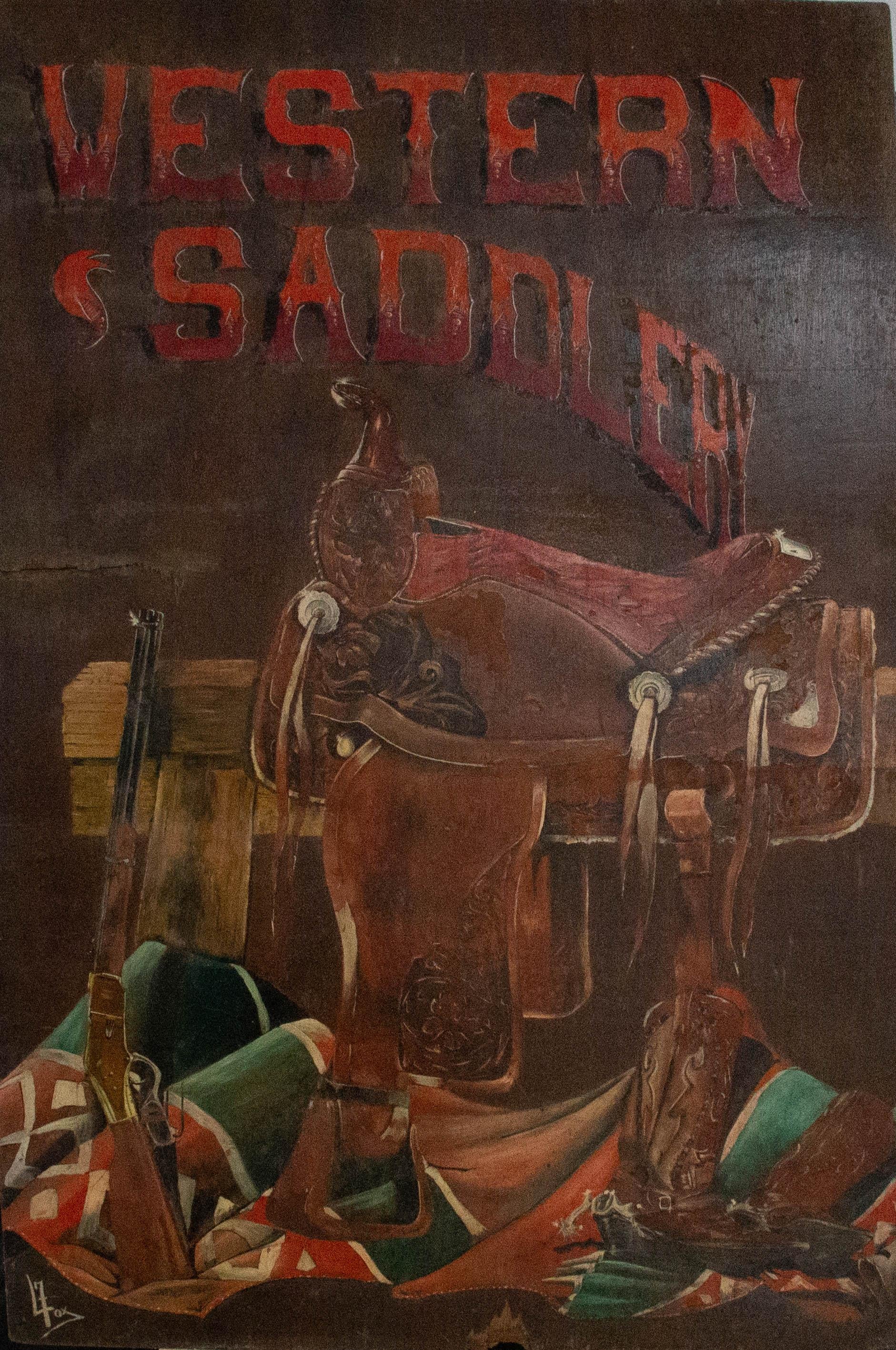 A very large hand painted mural panel showing a cowboy's saddle, shotgun and boots under the striking text 