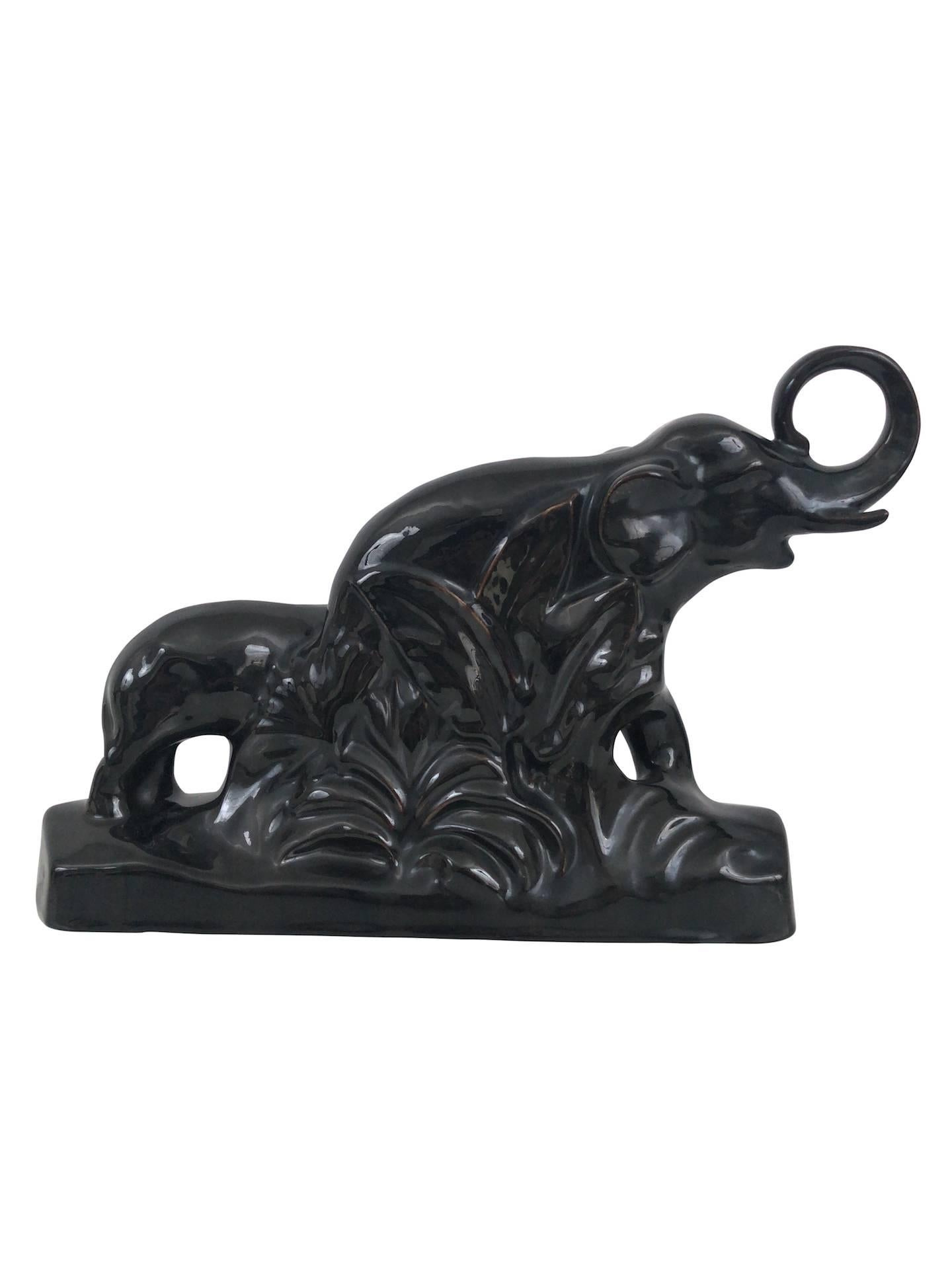 French L. Francois, Black Glazed Ceramic Elephants, France, 1930s For Sale